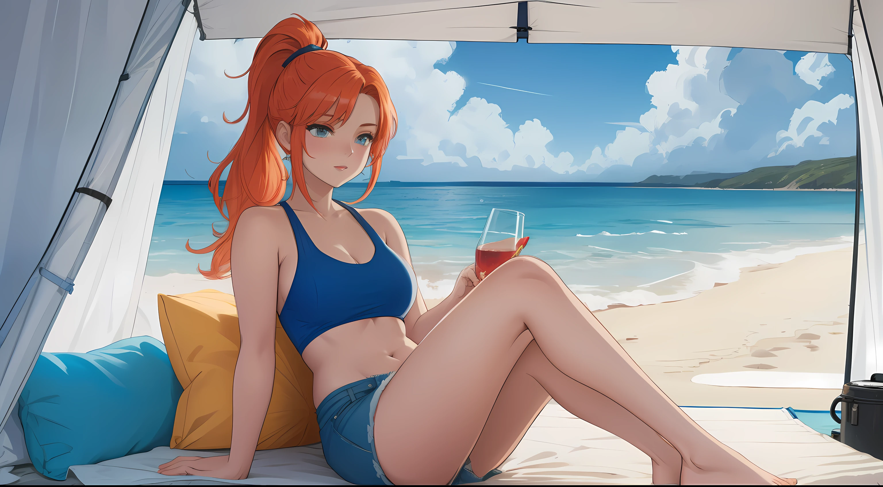 "Inside a cozy open tent on a pristine beach, a young woman sits cross-legged, gazing out at the vivid blue ocean stretching into the horizon. Her blonde-red hair is tied back in a sleek ponytail, and she’s dressed in a simple white tank top and denim shorts, embodying a relaxed and carefree beachside vibe. The soft white sand extends beyond the tent, meeting gentle waves that lap at the shore in a soothing rhythm. Around her, minimalist camping gear is neatly arranged, while the warm sunlight streams through the open tent flap, illuminating the tranquil scene. The atmosphere is serene and refreshing, with the calming sounds of the ocean and the salty breeze creating a perfect moment of solitude and connection with nature."