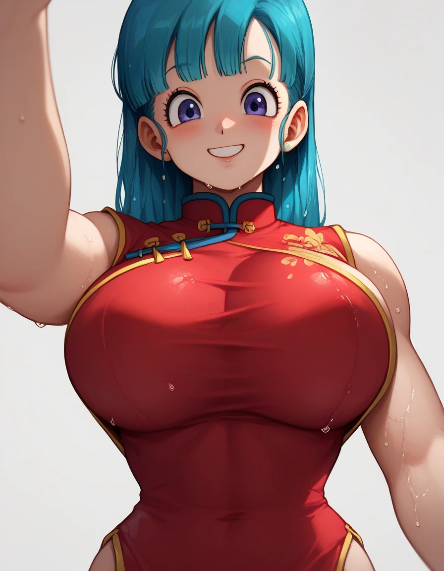 score_9, score_8_up, score_7_up, source_anime, best quality, clear face, bulma, blue hair, purple eyes, long hair, large breasts, perfect body, standing, looking at viewer, smile, china dress, red clothes, dynamic angle, indoor, wet clothes,blushing,embrassed,see though clothes,big boob,hands on boob, view from below,bend over