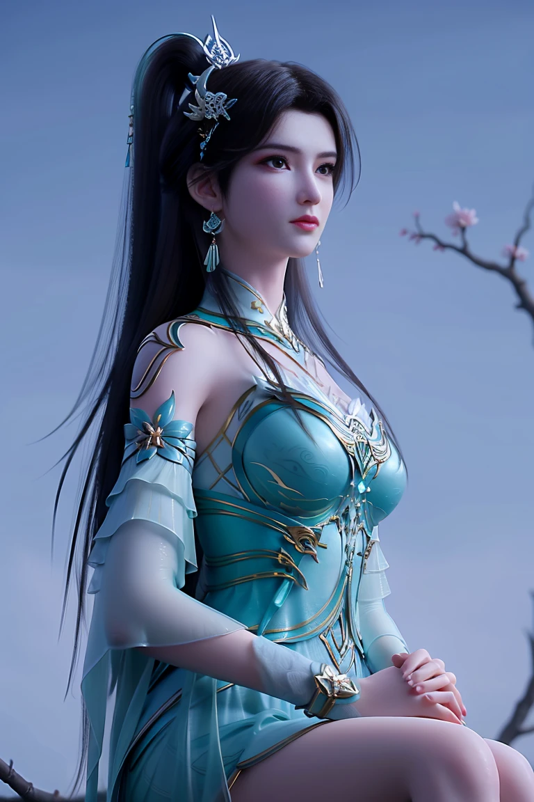 (masterpiece), (best quality: 1.5), 8k, Very perfect, Very smooth, absurd, high,
xuner,1 girl, solo, black hair, long hair, ponytail, hair decoration, green dress, gold decoration, (sleeve length: 1.1), see-through sleeves, detached collar, shiny clothes, shiny skin, earrings, jewelry , closed mouth, (looking at the audience:1.1), small smile, breasts, (pale skin:1.2), thin, narrow waist,
(gloss: 1.3), slender legs, high heels, wind lifter, dynamic pose, branch, (plum blossom: 1.2), blue sky, (upper body:1.3), ferpect lighting, Looking viwer: 1.3, (sitting:1.5),