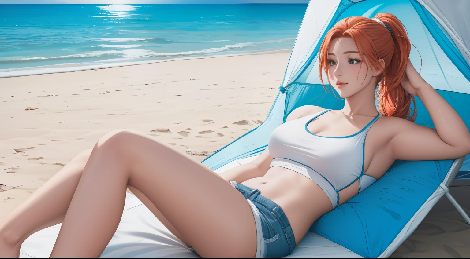 "Inside a cozy open tent on a pristine beach, a young woman sits cross-legged, gazing out at the vivid blue ocean stretching into the horizon. Her blonde-red hair is tied back in a sleek ponytail, and she’s dressed in a simple white tank top and denim shorts, embodying a relaxed and carefree beachside vibe. The soft white sand extends beyond the tent, meeting gentle waves that lap at the shore in a soothing rhythm. Around her, minimalist camping gear is neatly arranged, while the warm sunlight streams through the open tent flap, illuminating the tranquil scene. The atmosphere is serene and refreshing, with the calming sounds of the ocean and the salty breeze creating a perfect moment of solitude and connection with nature."