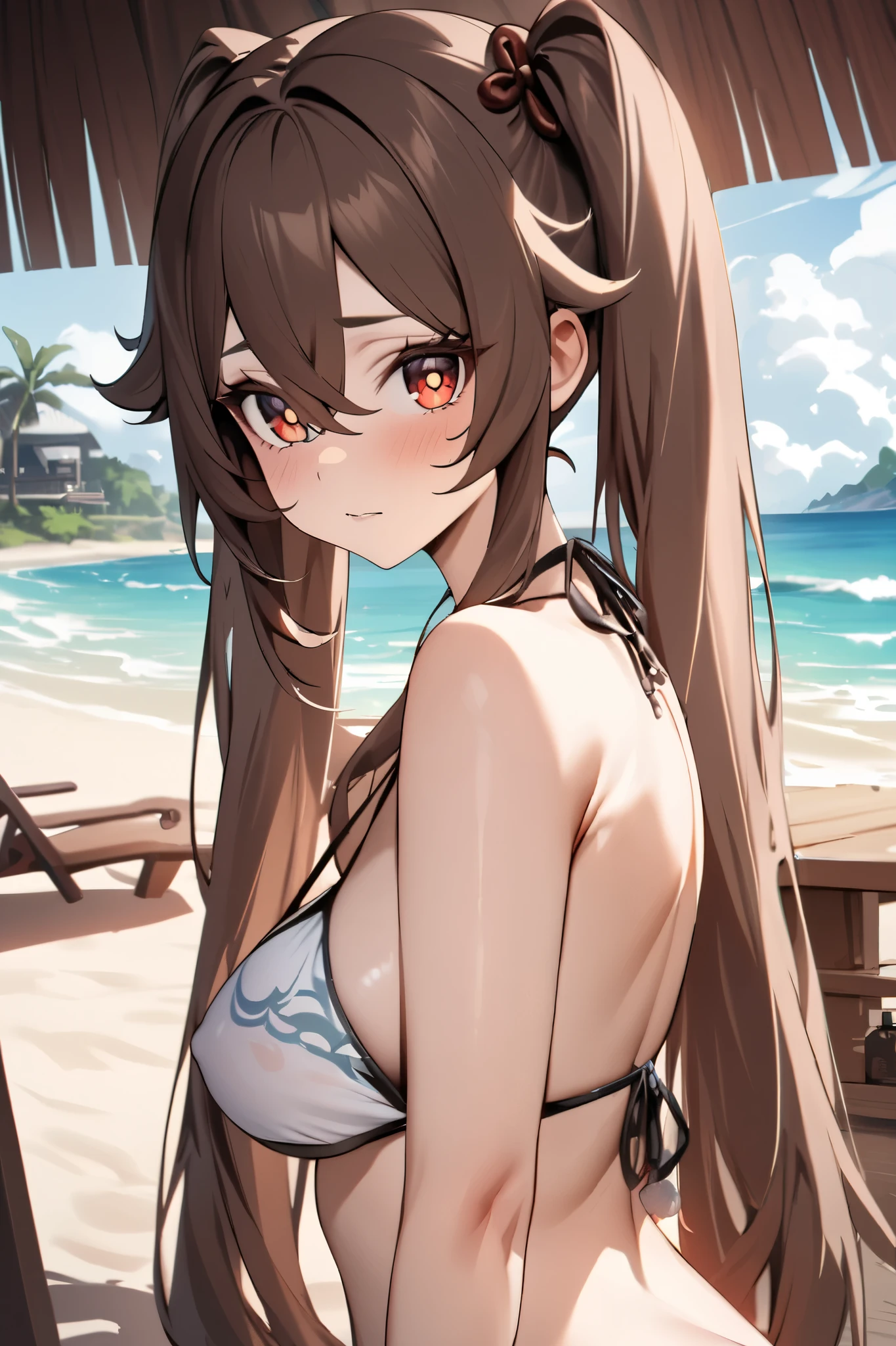 NSFW,masterpiece, top quality , high res, very detailed,Futao\(Genshin Impact\)、 long hair、bangs、Brown Hair、Red Eye、 hair between eyes、 twin tails、side lock、 symbol shaped pupil , bikini,beach, palm trees,Beach House