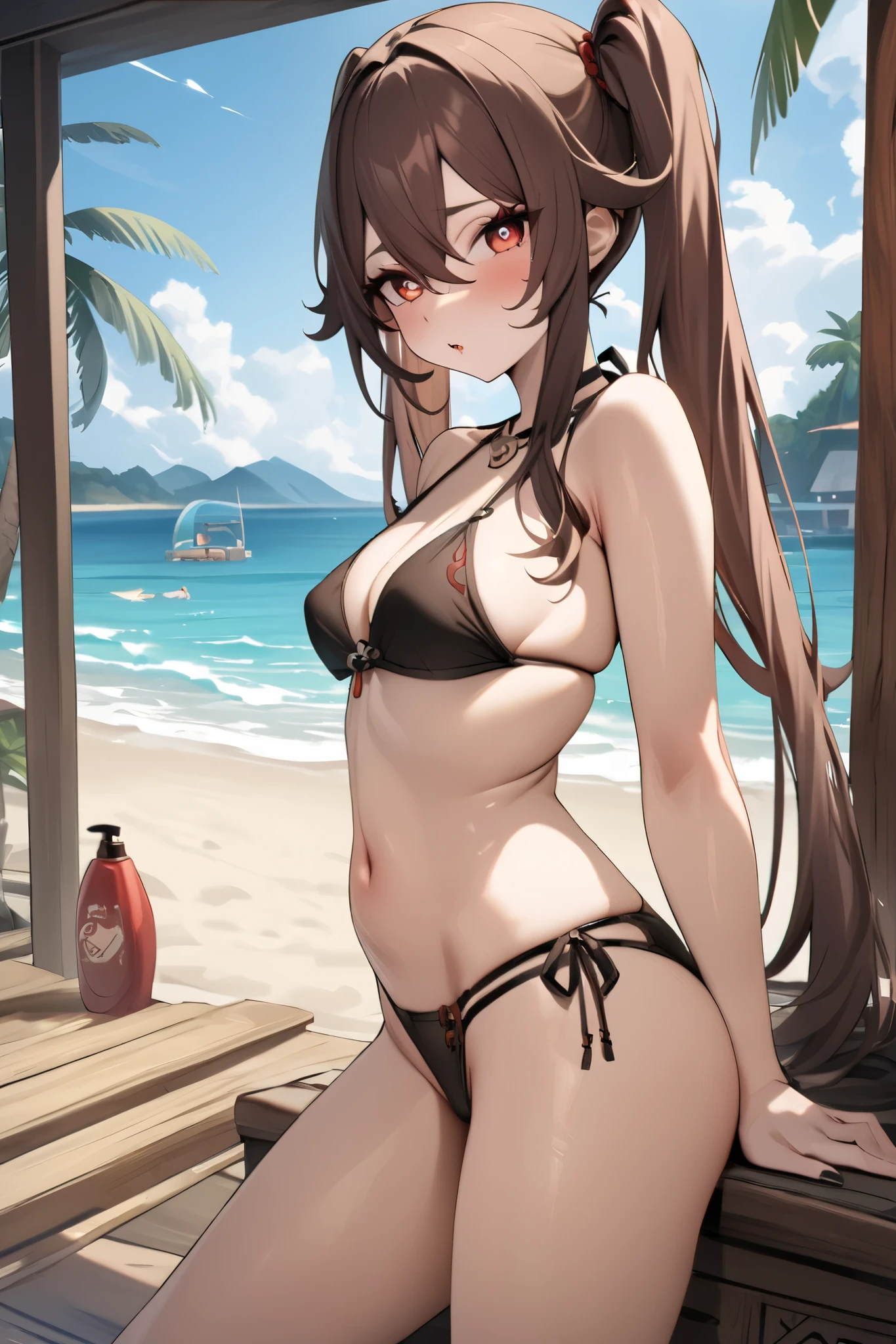 NSFW,masterpiece, top quality , high res, very detailed,Futao\(Genshin Impact\)、 long hair、bangs、Brown Hair、Red Eye、 hair between eyes、 twin tails、side lock、 symbol shaped pupil , bikini,beach, palm trees,Beach House