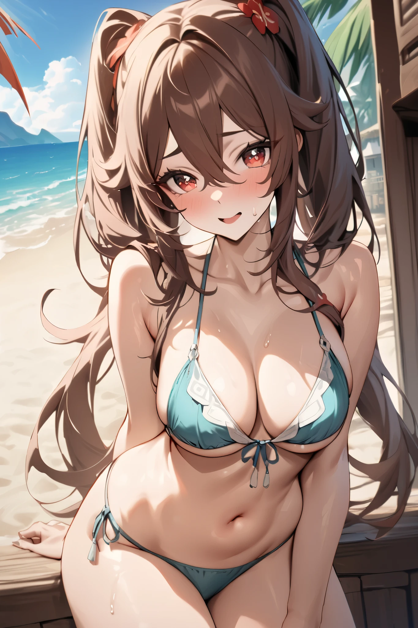 NSFW,masterpiece, top quality , high res, very detailed,Futao\(Genshin Impact\)、 long hair、bangs、Brown Hair、Red Eye、 hair between eyes、 twin tails、side lock、 symbol shaped pupil , bikini,beach, palm trees,Beach House