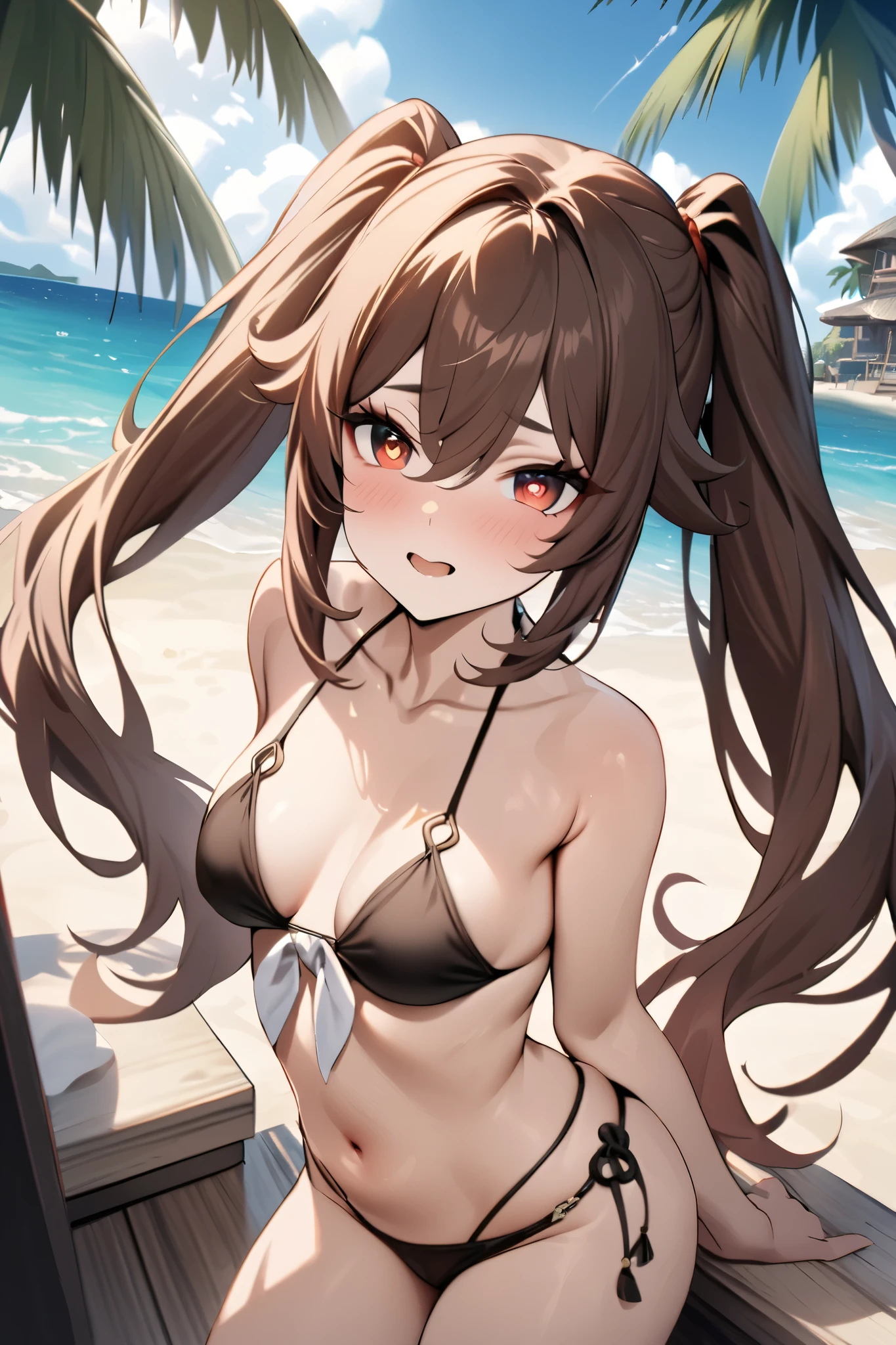 NSFW,masterpiece, top quality , high res, very detailed,Futao\(Genshin Impact\)、 long hair、bangs、Brown Hair、Red Eye、 hair between eyes、 twin tails、side lock、 symbol shaped pupil , bikini,beach, palm trees,Beach House