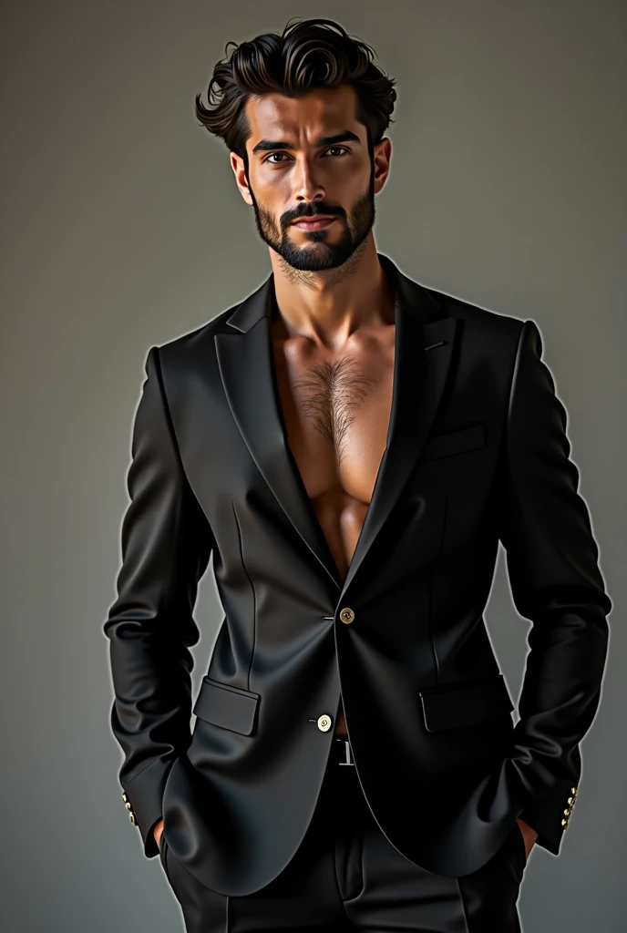 Homem lindo, corpo atletico, branco, olhos azuis, cabelo marrom, barba curta, Strong jaw, jacket