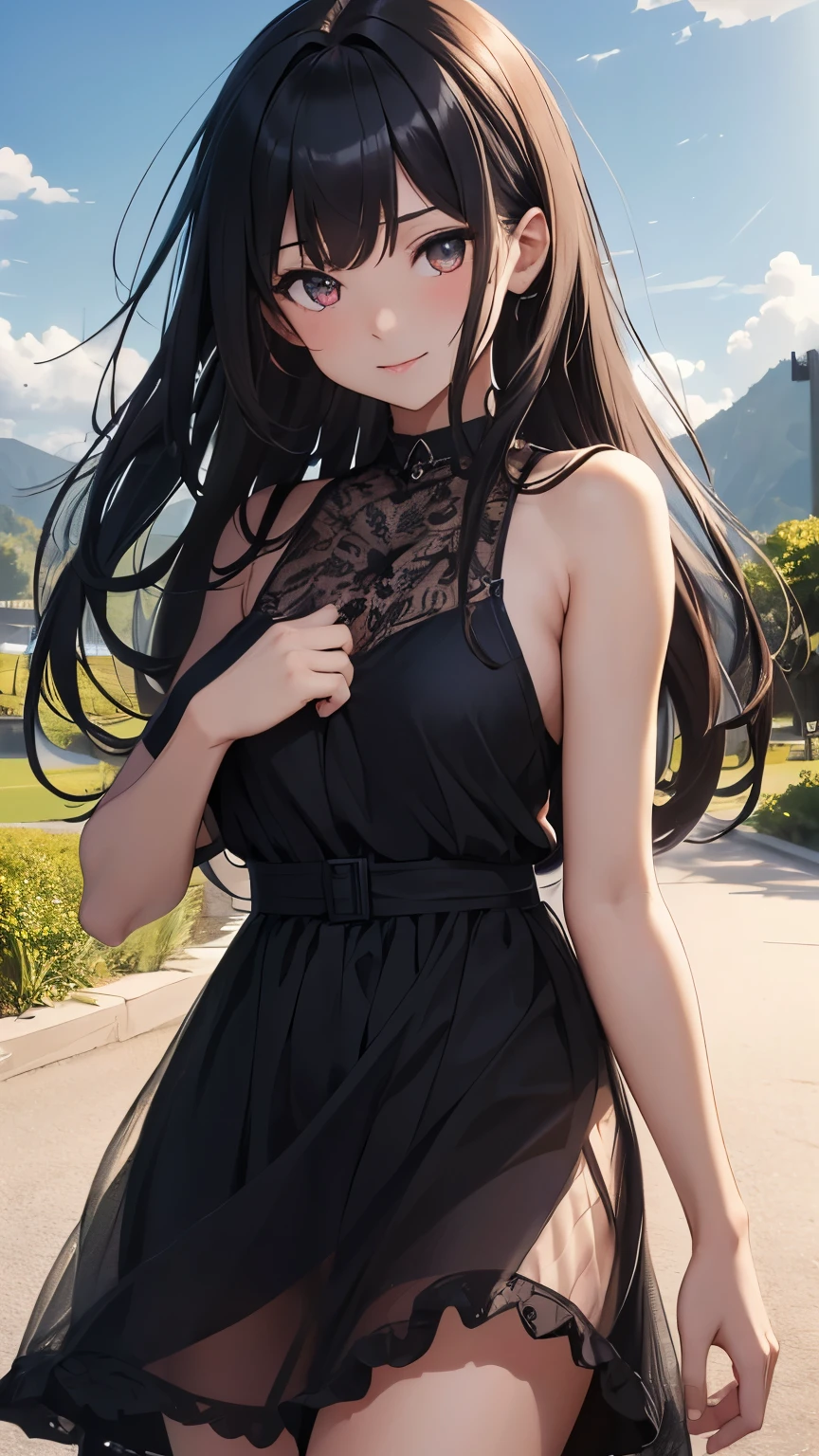 1girl, solo, long hair, breasts, looking at viewer, bangs, medium breasts, skin, colored eyes, dress, bare shoulders, jewelry, medium breasts, closed mouth, standing, Avellaneus hair, shot cowboy, outdoors, sky, sleeveless, day, belt, black dress, bracelet, tree, open fringe, sleeveless dress, turtleneck, plant, building, buckle, side slit, black belt, belt buckle, potted plant, road light lips , bandana on head, Star black bandana,
