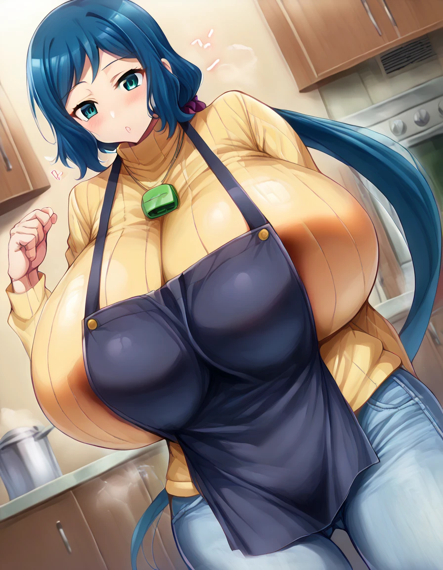 score_9, score_8_ up, score_7_ up,  Source_Anime, Iori Rinko  , Iori Rinko ,  blue hair,  blue eyes, side lock,  apron, denim,  jeans,  long hair, underpants,  ponytail, ribbed  sweater ,  sweater ,  turtleneck, very  long hair, indoor, kitchen,  viewers,  Dutch Angle,  cowboy shot,、 zzz c  up , Exploding chest,特大の Big Breasts,Big Breasts, Big Breasts,超Big Breasts, s upermilk ,big Breasts,big Breasts,Big Breasts,Big big breasts,bigger breasts,big,セクシーな大きなシリコンの Big Breasts,セクシーなビッグサイズのシリコン製Big Breasts, saggy breasts,((垂れ下がった Big Breasts)),((重く垂れた Big Breasts:1.5))、Obscene body,Fat ,,  Erotic Manga Style Body  、  mature body steam  、 Sir's huge  、 Sir's huge  、 Too exaggerated  、 extra large、 over covered ,  hidden chest erection  、  abs　 creampied　 nudes