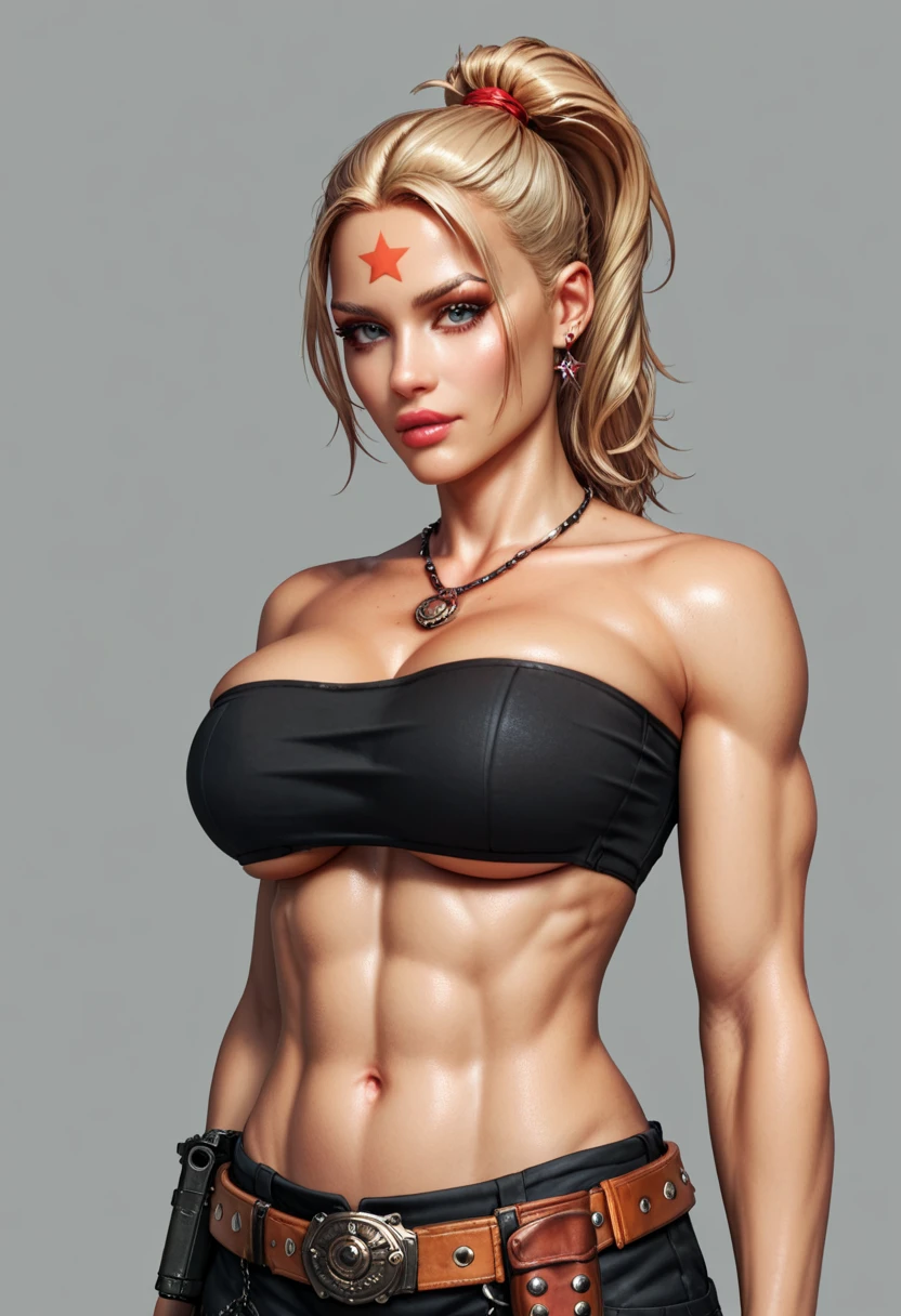  Octobriana blonde with ponytail on top of her head, toned female, solo, Red star forehead tattoo, Cowboy boots;  (((black seamless strapless tube bandeau bra top)))  covering her chest,  necklace ; Bullet belt;  pistol and holster; Shoulder chain and sheath ;  torso shot,  large breasts,  underboob ; Fine Eyes, arms behind her back 
 