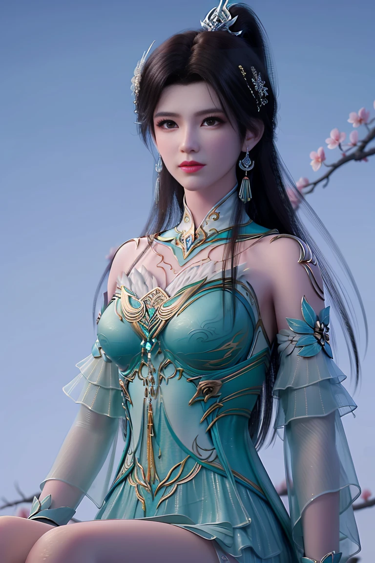 (masterpiece), (best quality: 1.5), 8k, Very perfect, Very smooth, absurd, high,
xuner,1 girl, solo, black hair, long hair, ponytail, hair decoration, green dress, gold decoration, (sleeve length:1.1), see-through sleeves, detached collar, shiny clothes, shiny skin, earrings, jewelry , closed mouth, (looking at the audience:1.1), small smile, breasts, (pale skin:1.2), thin, narrow waist, Glowing skin, oil skin,
(gloss:1.3), slender legs, high heels, wind lifter, dynamic pose, branch, (plum blossom: 1.2), blue sky, (upper body:1.3), ferpect lighting, Looking viwer: 1.3, (sitting:1.5),