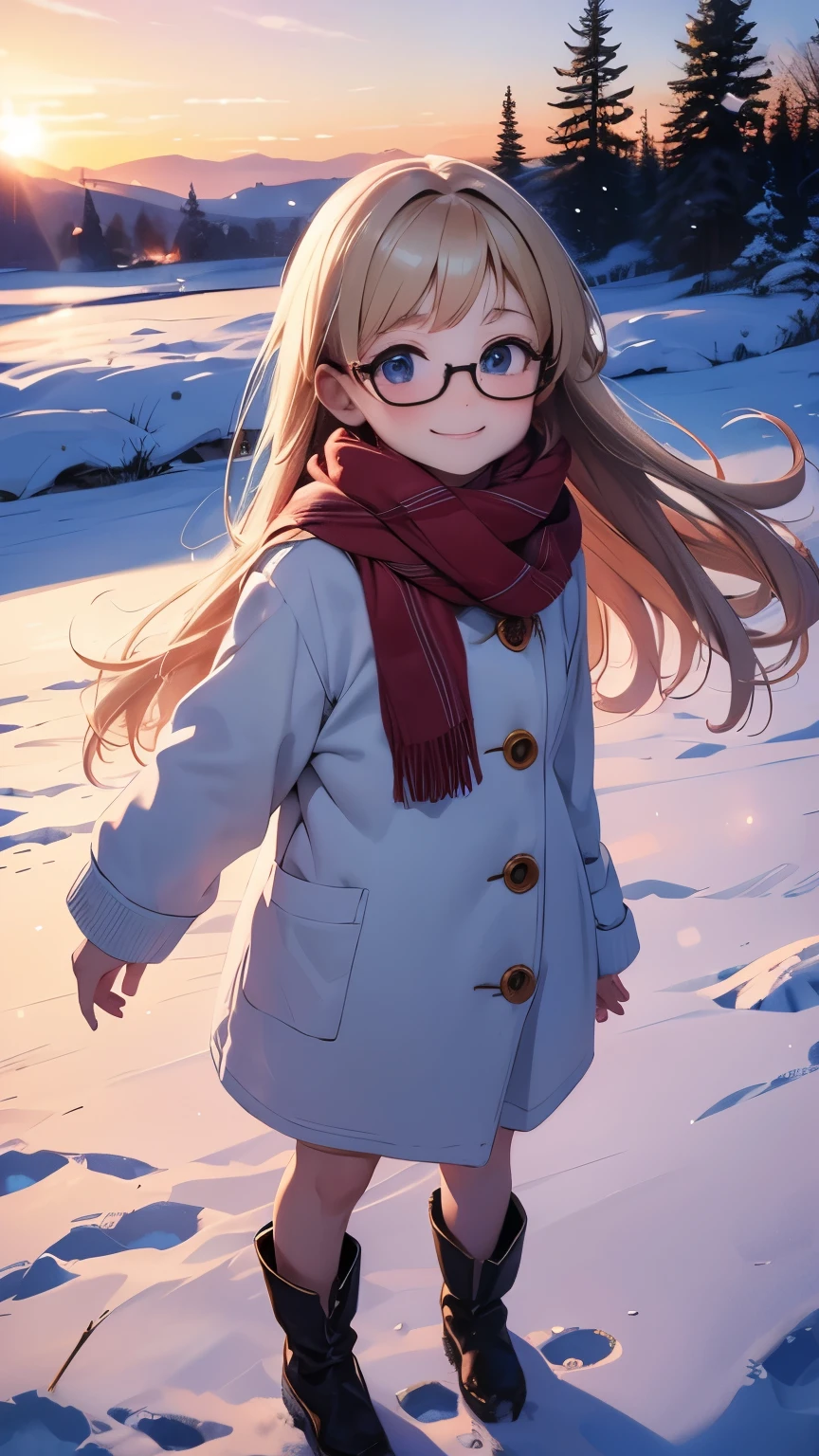 Famous Paintings、 top quality 、masterpiece，  top quality，   high image quality，( super flat， flat shading )， fisheye lens，  beautiful petite trained young mother and very cute trained daughter:1.25，    warm scarf   ，(naked)，  long hair, Glasses，  boots, smile, smile,  White Breath，fun, play, winter, snow, 新snow，dusk，   Beautiful Sunsets   ，Wide angle,       bright color , watercolor,    Ghibli style ，Strong winds，    girl&#39;Lure，