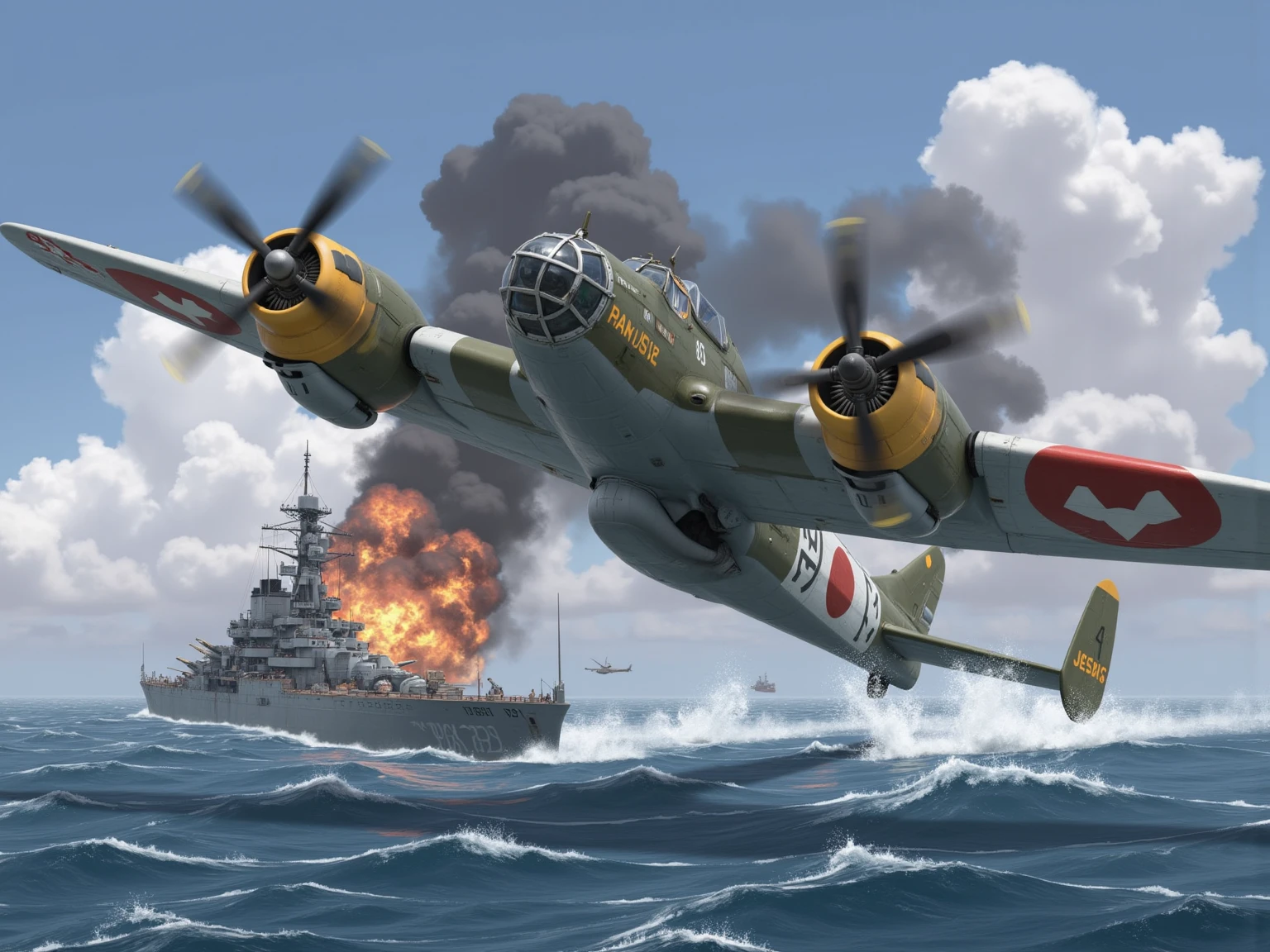 (masterpiece:1.3, top quality :1.3, very detailed depiction:1.3, incredible high resolution:1.3, high quality photo images ), type 1 land attack , Japanese torpedo bomber , twin propeller engines, propeller attack aircraft ,Air Combat, reciprocating attack aircraft ,Crash ,come down,Gunfire, dynamic images ,In the midst of fierce combat, Aggressive Atmosphere , battle off the coast of Malay , battleship being attacked ,Water column,During bombing , torpedo attack , battleship damaged , smoke rising 