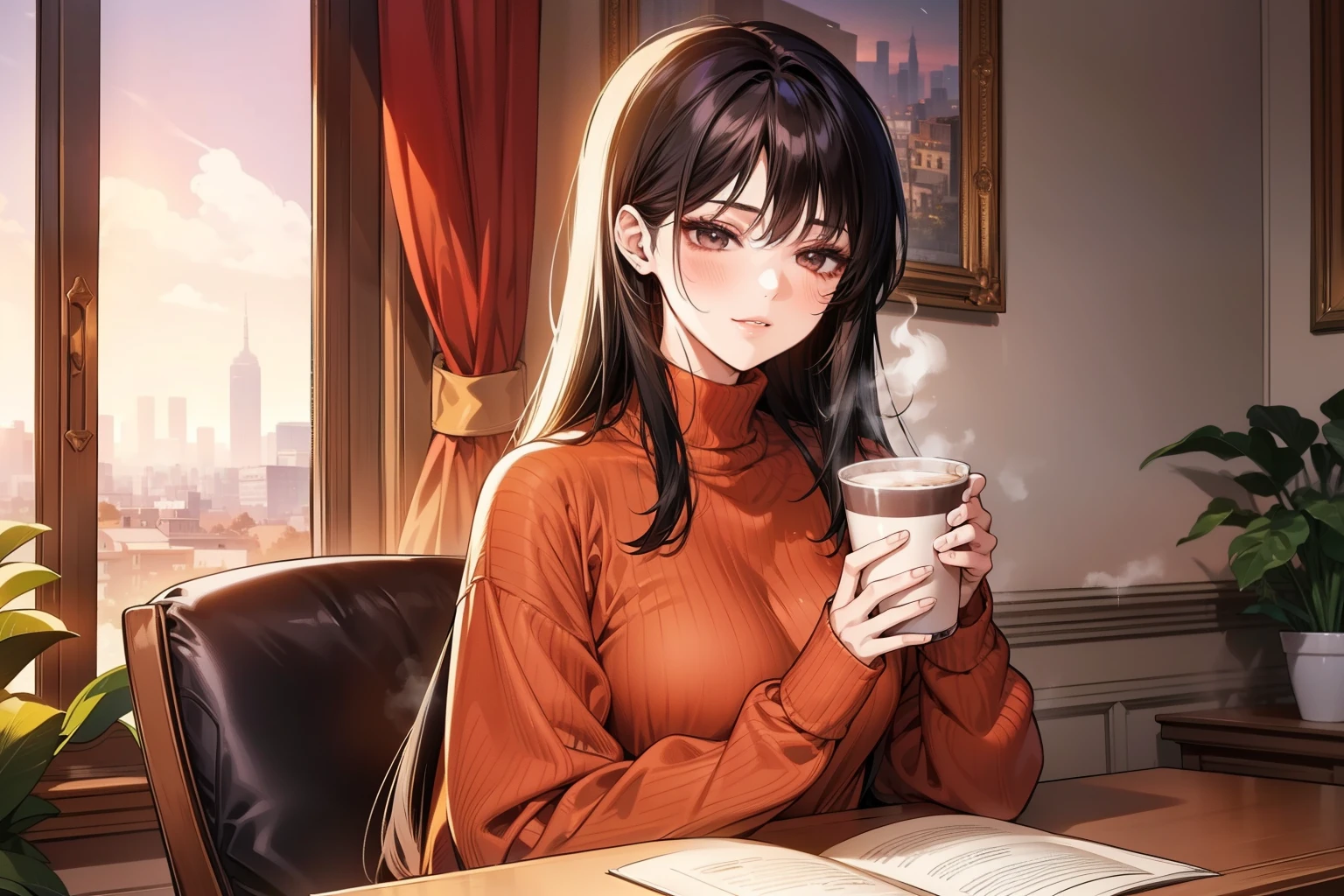 A young woman with long, black straight hair cascading over her shoulders, and black eyes that radiate kindness. She is wearing a cozy red sweater, slightly oversized, with the sleeves gently rolled up. The sweater hugs her figure in a casual yet elegant way. She pairs it with light blue jeans and simple white sneakers for a relaxed look. She stands on a charming balcony at sunset, holding a steaming cup of coffee in one hand. Her soft smile adds warmth to the scene. The background features potted plants, a small table with an open book, and a glowing city skyline bathed in golden-orange light. Manhwa style, My landlady noona style, super fine face, super fine nose, super fine mouth, super fine fingers, super fine body, super fine hand, perfect body, golden ratio, good shape, muscular, super realistic, red sweater, super detailed
