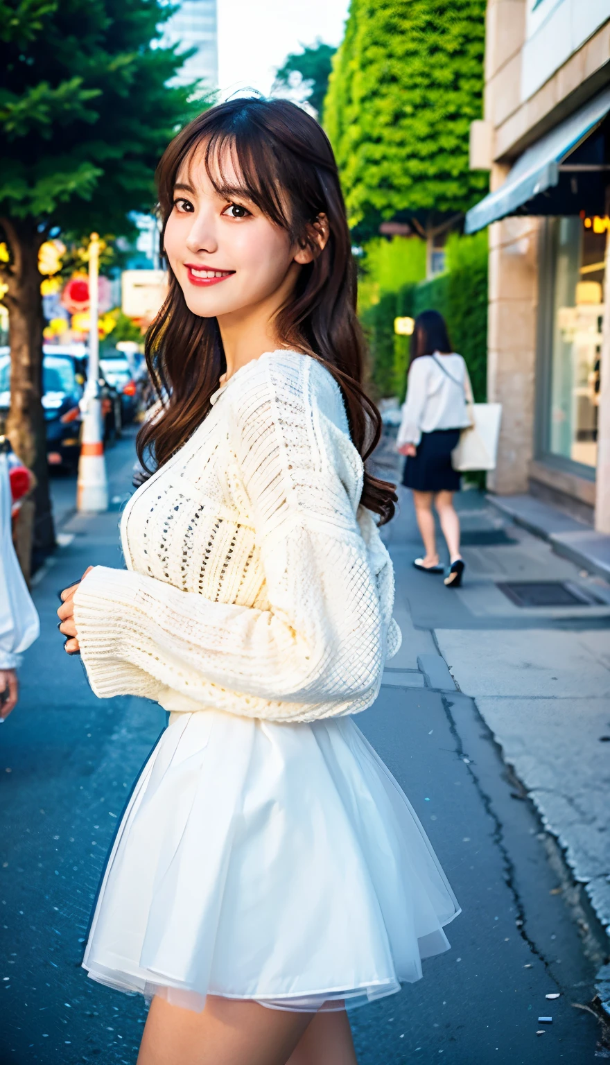 Top quality, 1 beautiful woman, Slim Body, Busty Breasts, half smile, linger, 35mm lens, f/1, cowboy shot , from_side , hime cut, street, wearing white Bell-sleeve-sweater white tutu skirt, Vibrant color saturation, Low Key Lighting, blue Hour Light