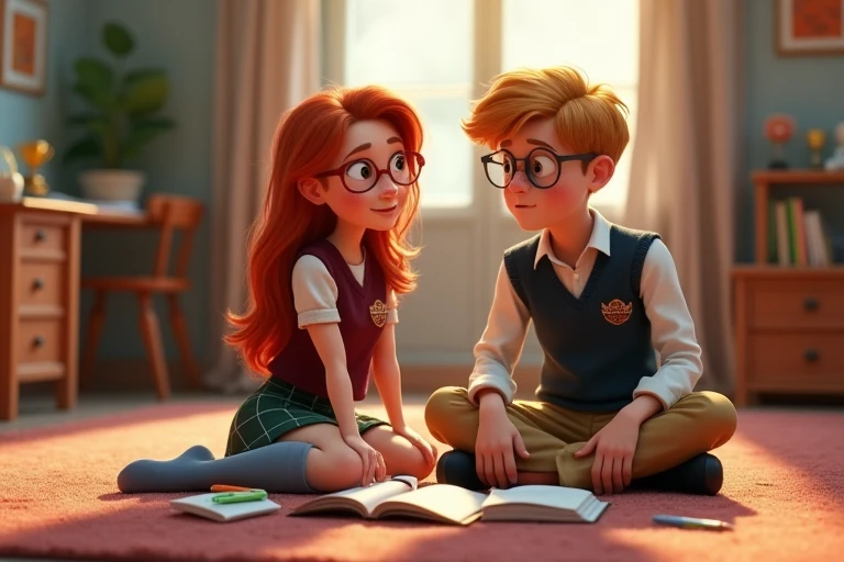 A pixar-style image of an eighteen-year-old teenage couple engaged in a study session. They are sitting on the carpet of a bedroom, in socks. In front of them, notebooks, books, pens, eraser are scattered on the floor. The girl is redheaded, pretty and cute, with long hair and freckles. She wears round red glasses, a shirt under a burgundy vest with a patch embroidered on it, a green checked miniskirt and long blue socks. She explains something to him, pointing to his notebook with a pen. The boy is blond, handsome and adorable. He wears very elegant glasses, a shirt under a dark blue vest with a silver emblem sewn on it, beige pants and black socks. He is looking at the girl, absorbed in her beauty, his face resting on his hand. They are in a room that bears the characteristics of a teenager's space: walls adorned with posters, a desk for studying, a bookshelf lined with books and miniature trophies, and a dresser topped with an array of figurines. (3D animation) (detailed texture) (realistic anatomies)