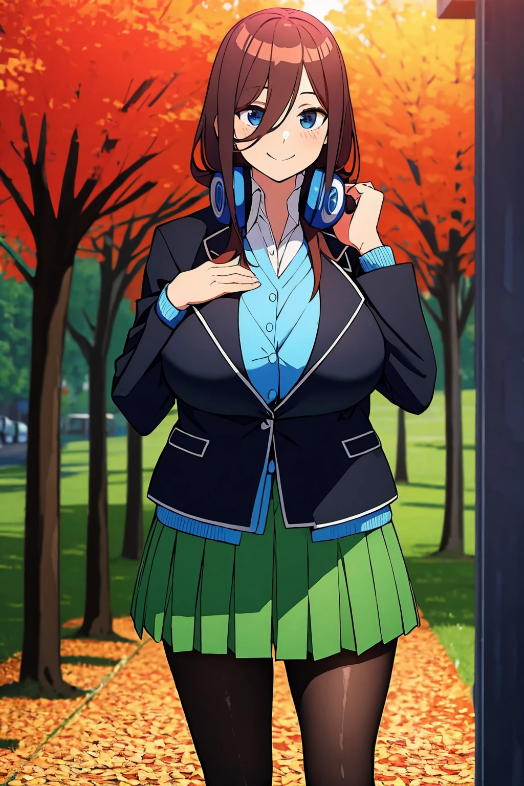 masterpiece,best quality,highres,ultra-detailed,aamiku,long hair,bangs,hair between eyes,headphones around neck, gigantic breasts,school uniform,(black jacket:1.2),blazer,open jacket,cardigan,blue cardigan,collared shirt,white shirt,long sleeves,green skirt,pantyhose,black pantyhose,loafers,outdoors,standing,cowboy shot,smile,