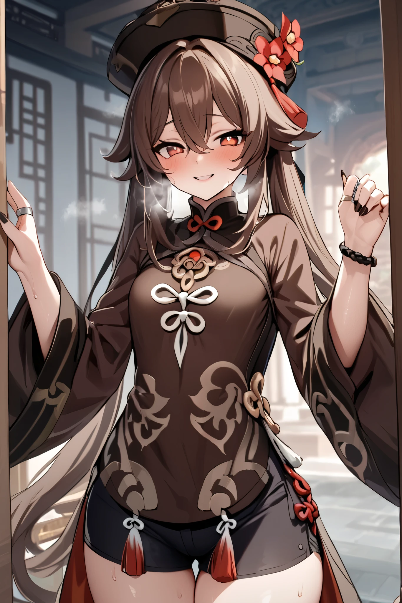 NSFW,masterpiece, top quality , high res, very detailed,Futao\(Genshin Impact\)、 long hair、bangs、Brown Hair、Red Eye、 hair between eyes、 twin tails、side lock、 symbol shaped pupil , Long Sleeve 、hat、gem、flower、 SHORTS、 wide sleeve、 comments、 Chinese clothes、黒の SHORTS、ring、Black Nails、hat飾り、hatのflower,smile,sweat,Heavy breathing,blush