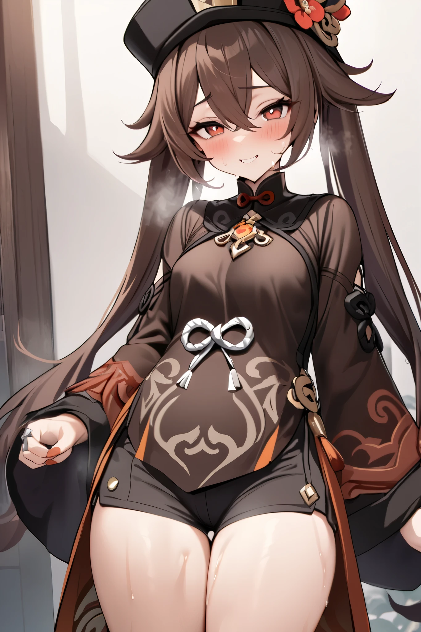 NSFW,masterpiece, top quality , high res, very detailed,Futao\(Genshin Impact\)、 long hair、bangs、Brown Hair、Red Eye、 hair between eyes、 twin tails、side lock、 symbol shaped pupil , Long Sleeve 、hat、gem、flower、 SHORTS、 wide sleeve、 comments、 Chinese clothes、黒の SHORTS、ring、Black Nails、hat飾り、hatのflower,smile,sweat,Heavy breathing,blush