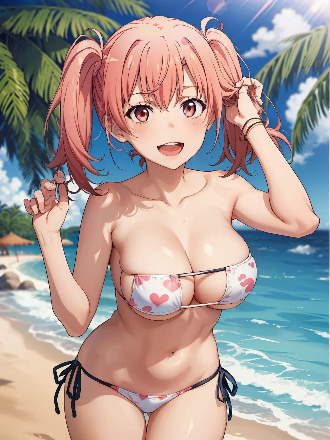 (( top quality ,  high res,   Perfect Pixel,  4K)),  (Beautiful anime),  depth of field 、
 Watching Viewers , 
 perfect body, 

 Yuigahama Yui, 　


(Big Breasts:1.1)、 cleavage、

 twin tails、Grabbing hair、 long hair、


white bikini,  pink heart print 、 Side Tie Bikini Bottom、
Groin、

smile、

 viewers, 

 Beach 、 palm trees、wind、
summer、sunlight、

grabbing another's hair
hand in another's hair
hand on another's head
head grab