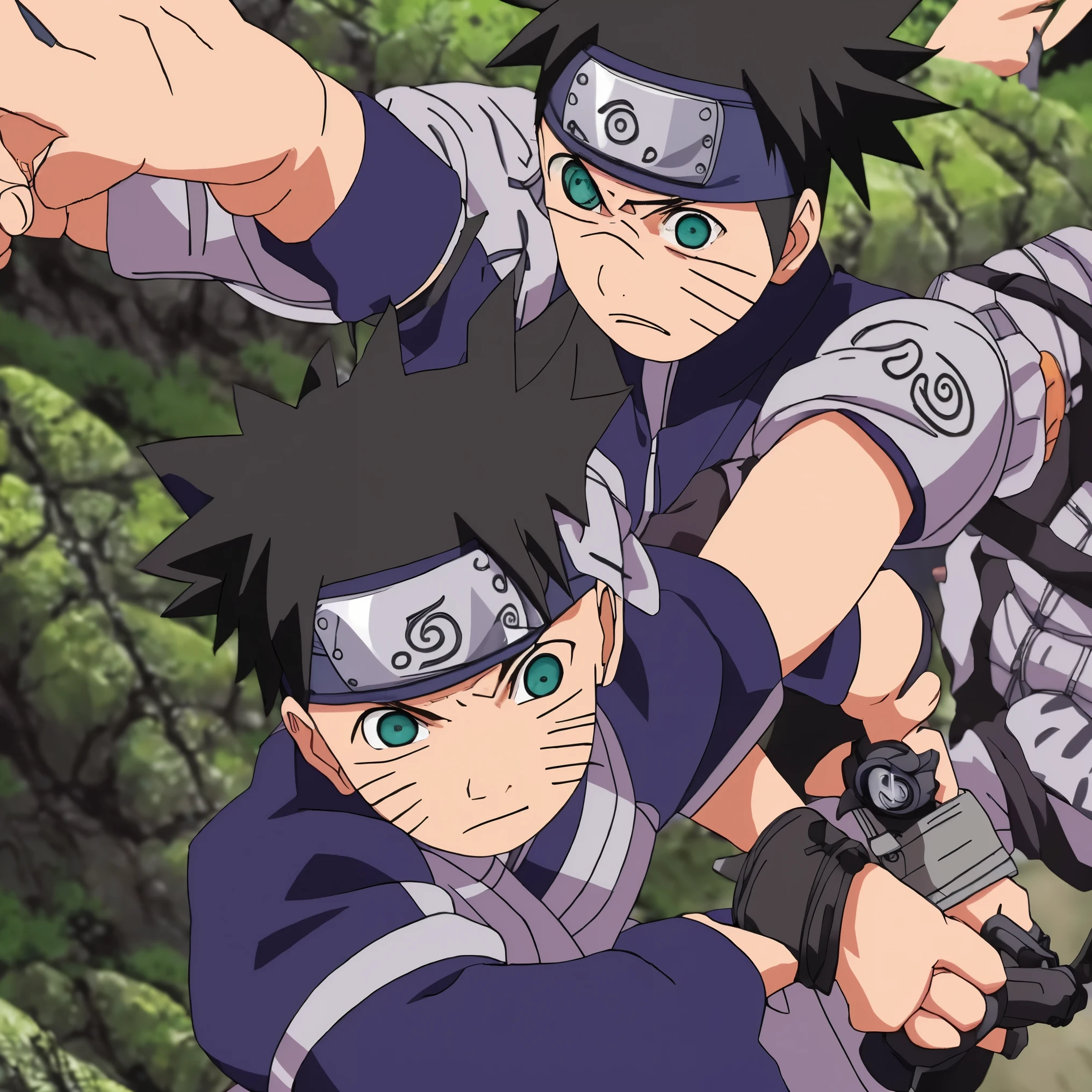 ((Foto RAW),  absurd, ( absurd resolution)),  masterpiece ,  best quality, ( Extremely detailed 8k unit CG wallpaper ), ( best illustration), (best shade),  Realistic Lighting ,  detailed and beautiful shine , ((s)),  boy,  short black hair,  accessories on the wrist , kunai in hand, ((( His photographic perspective))), (Naruto)