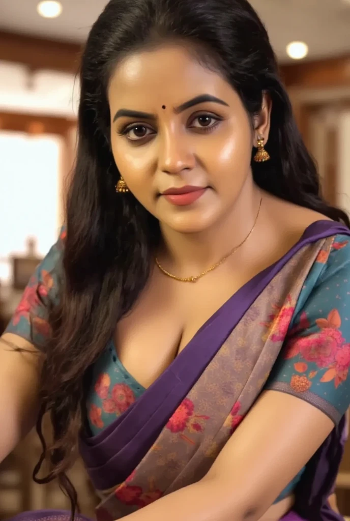 A woman with long dark hair wearing a colorful saree, leaning forward with her hands on her large breasts, downblouse creating a deep cleavage, extremely detailed face, beautiful detailed eyes, beautiful detailed lips, extremely detailed skin texture, intricate saree patterns, masterfully volumetric and tactile rendering, cinematic dramatic lighting, rich color palette, hyper-realistic, 8k, photorealistic, award-winning digital art