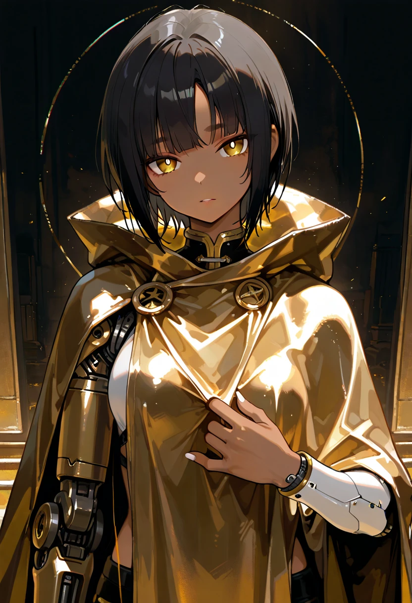 748cm, 1girl, black hair, golden eyes, torn big cloak, bright pupils, tanned, white nails, short hair, pulled back bangs, mechanical left arm, masterpiece, best quality, amazing quality, very aesthetic, absurdres, newest