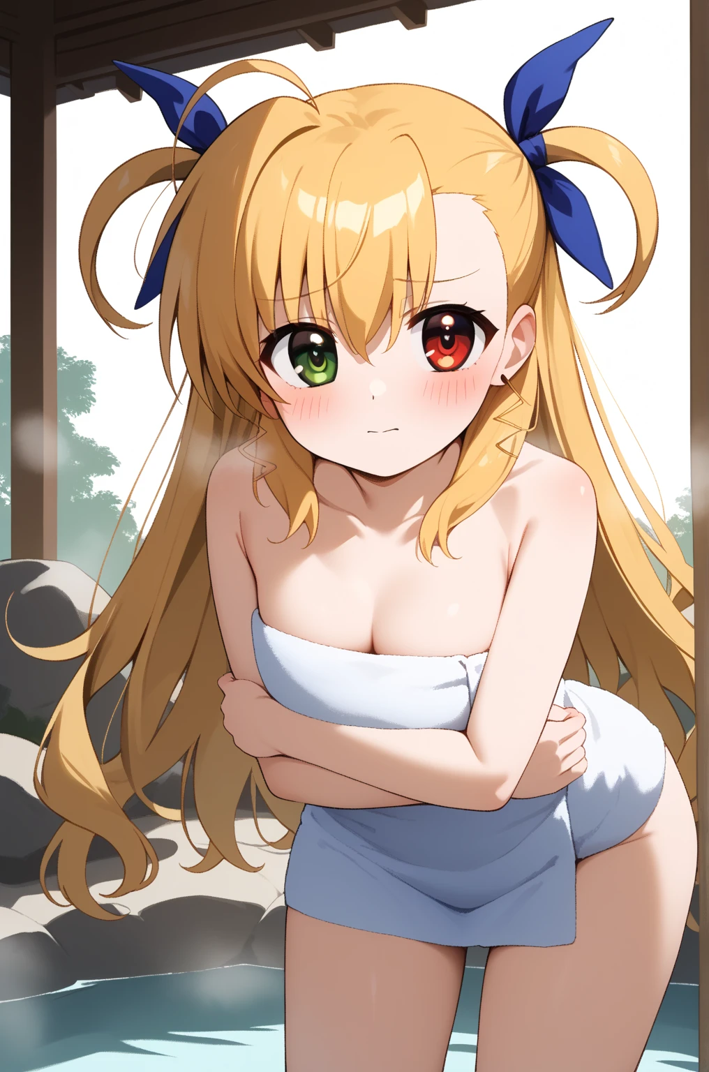 masterpiece,best quality,{{detailed beautiful face and eyes}},
Vivio,{{{megami magazine}}},long hair,blonde hair,ahoge,two side up,hair ribbon,heterochromia,grenn eyes,red eyes,flat chest,
((naked towel)),cleavage,
1loli,(is embarrassing,big blush,closed mouth,steam:1.0),
((leaning forward,breast hold:1.2)),
(onsen background:1.0),nsfw