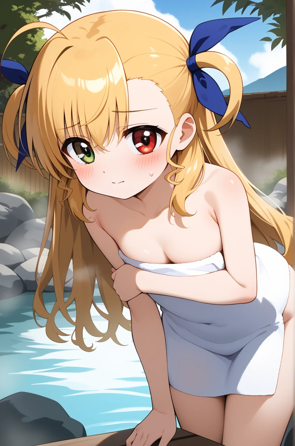 masterpiece,best quality,{{detailed beautiful face and eyes}},
Vivio,{{{megami magazine}}},long hair,blonde hair,ahoge,two side up,hair ribbon,heterochromia,grenn eyes,red eyes,flat chest,
((naked towel)),cleavage,
1loli,(is embarrassing,big blush,closed mouth,steam:1.0),
((leaning forward,breast hold:1.2)),
(onsen background:1.0),nsfw