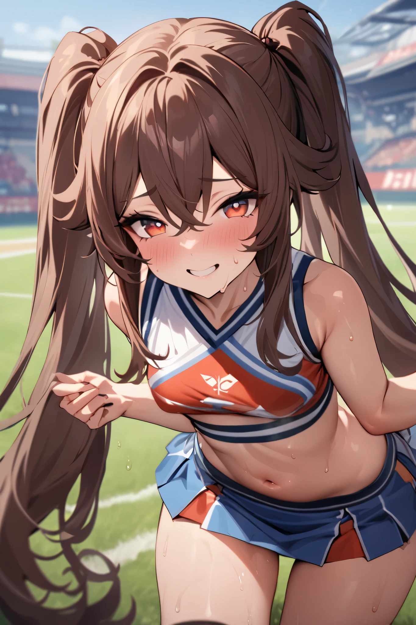 NSFW,masterpiece, top quality , high res, very detailed,Futao\(Genshin Impact\)、 long hair、bangs、Brown Hair、Red Eye、 hair between eyes、 twin tails、side lock、 symbol shaped pupil , cheerleader, crop top, miniskirt, spats,Ground, fresh smile ,sweat, cute pose