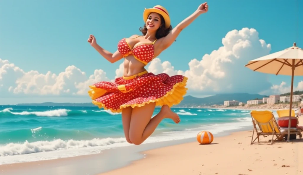 8k ((( very ditailed )))((( hiper realistic )))Create an image of a 1950s pin-up girl playfully jumping on the beach, her skirt fluttering in the wind. She’s wearing a polka-dot swimsuit with a sweetheart neckline and a matching beach hat. Her hair is styled in classic curls, and she has a joyful, carefree expression on her face. The beach is sunny and picturesque, with clear skies and rolling waves in the background. She’s surrounded by vintage beach toys like a classic striped towel and a beach ball((( super big boobs ))) (( warm and hot colors 1.9 ))) ((( super huge tits deep cleavage ))) red and yelow colors ((( smiling ))) ((( slim bpdy )))