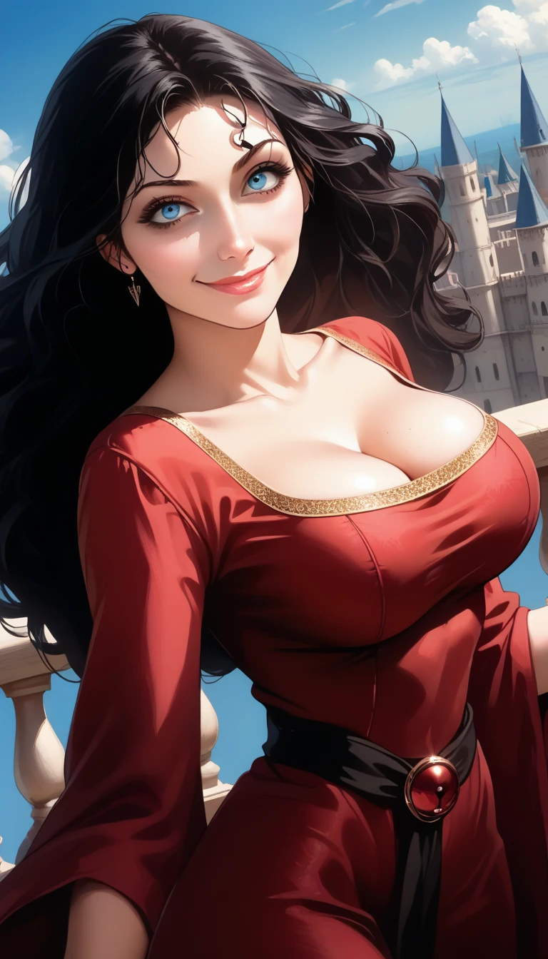 score_9, score_8_above, score_7_above, score_6_above, GothelXLP, evil to smile, dark aura,  black hair,  long hair ,  Blue Eyes, makeabove,  red dress,  cleavage, Huge breasts,  narrow waist ,   Wide Hips,  thick thighs ,  looking at the viewer, cowboy shot, cartoon,  dynamic pose style, to smile, , open plan, Alone, balcony, castle,  sky, clouds,  Dutch angle , realistic, 
 