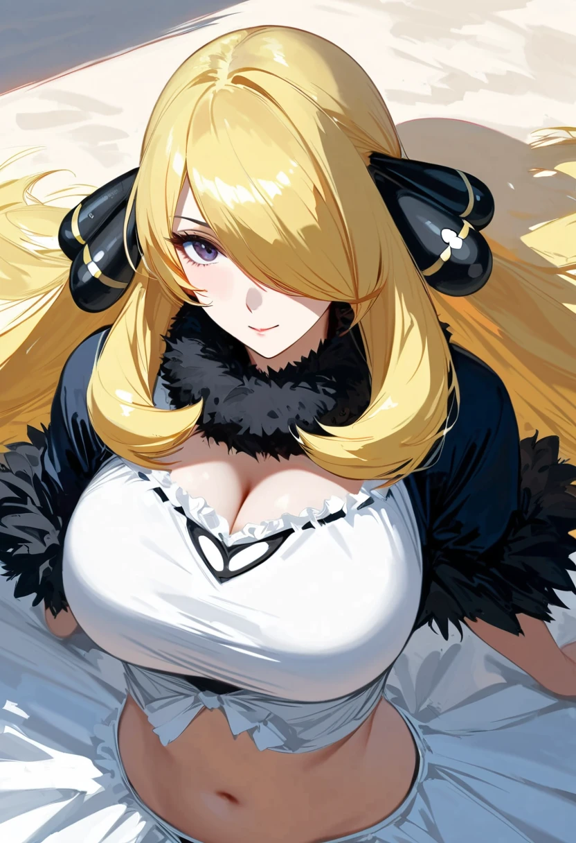 (masterpiece, best quality:1.2), 1 girl, alone, 1girl, cynthia_\(pokemon\), hair_over_one_eye, large_breasts, cleavage, navel, absurdres, fur_collar, oversized frilly white shirt, tight jeans, (from above: 1.5), sun, shadow, happy