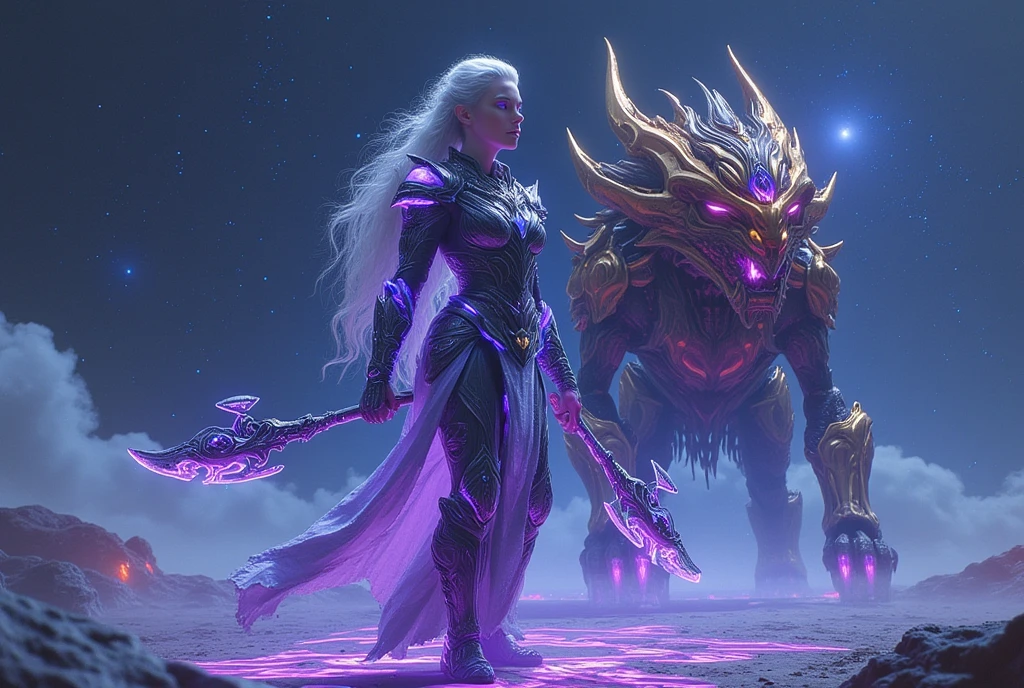 (best quality, 128k,highres,masterpiece:1.2),ultra-detailed,(realistic,photorealistic,photo-realistic:1.37), ((masterpiece)) ((photography)) ((Highest quality))  A cosmic warrior woman with silver hair and intricate armor infused with glowing purple and blue details, holding a massive, ornate energy axe. Behind her stands a mystical mechanical beast with golden horns and luminous purple eyes, set in a celestial battlefield under a starry night sky. The ground is etched with glowing magical runes, creating an otherworldly ambiance.