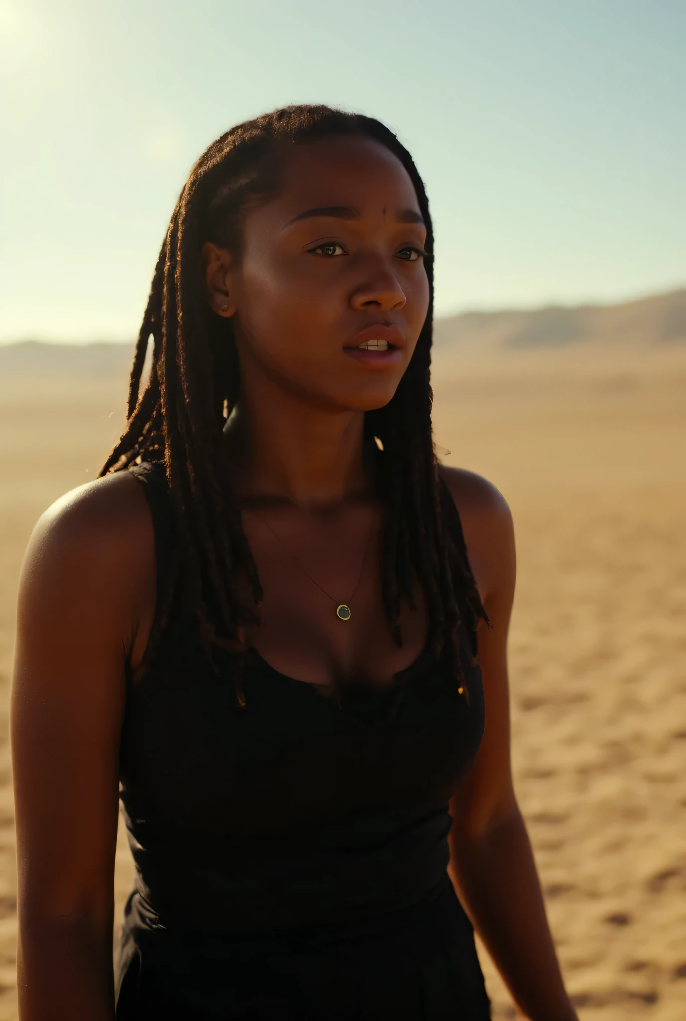 A close up torso half body view portrait of young african athletic female wearing a sleeveless tight black dress giving a speech standing outside in the extremely sunny desert, she has long French braids
Very sweaty, very dehydrated, Sweaty, FLUX_Polyhedron_all_Kohya_ss-000001, Skinblemish, PerfectEyes, Detailedskin
