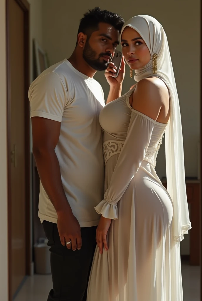 Selfie photo of Indian young hijab straight couple. Male is wearing White vest and shorts. Female is curvy white fair skin tone, Big breast.,Wearing kerala golden satin nighty maxi and wearing hijab scarf in kerala middle-class bedroom.realistic image. Mirror Selfie photo.