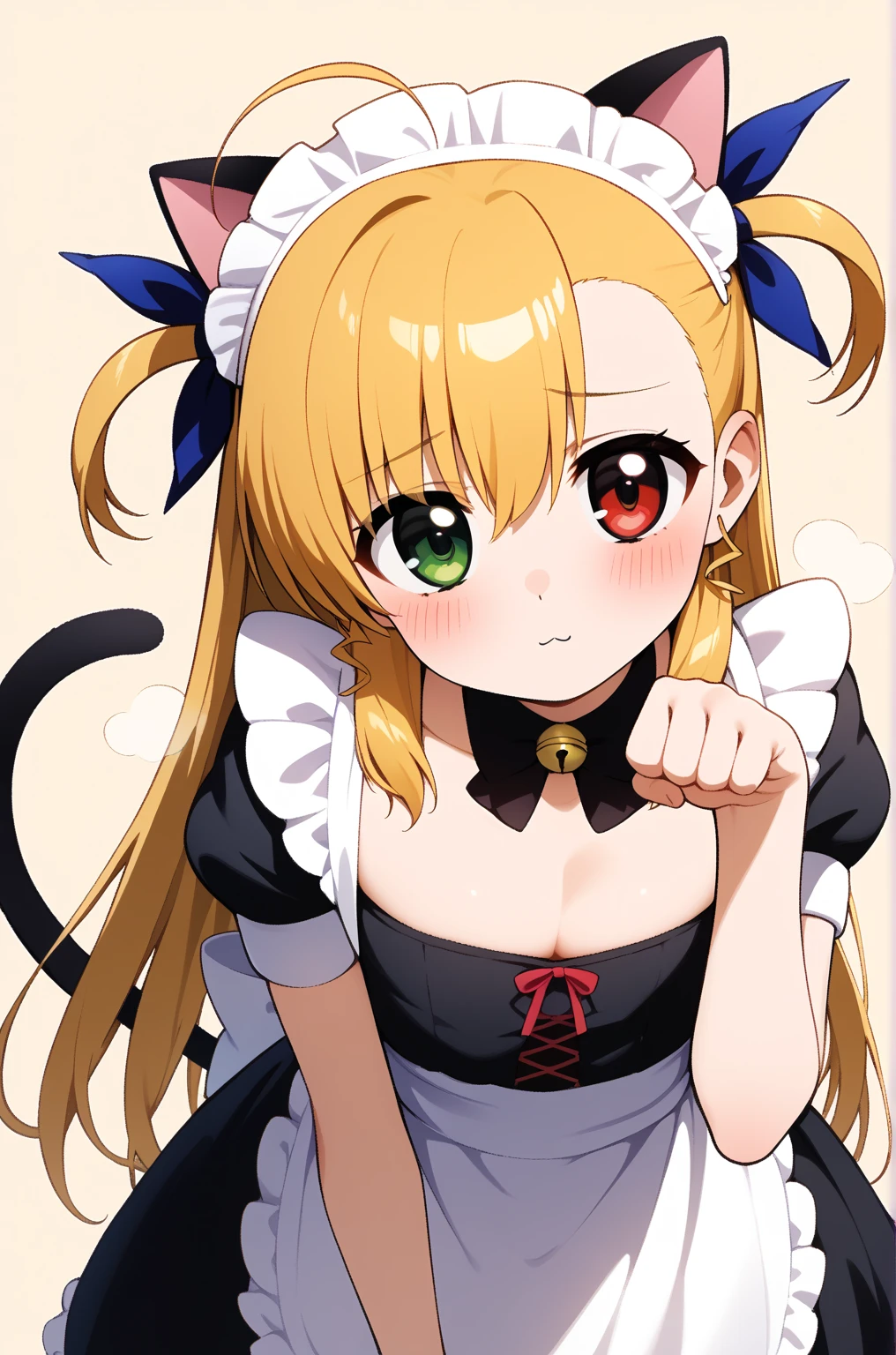 masterpiece,best quality,{{detailed beautiful face and eyes}},
Vivio,{{{megami magazine}}},long hair,blonde hair,ahoge,two side up,hair ribbon,heterochromia,grenn eyes,red eyes,flat chest,
((maid,cleavage,maid headdress,fake cat ears,cat tails)),
1loli,(is embarrassing,big blush,closed mouth,steam:1.0),
((leaning forward,paw pose,looking at viewer:1.2)),
(bedroom background:1.0),clothed