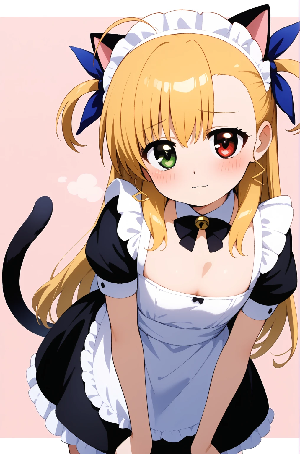 masterpiece,best quality,{{detailed beautiful face and eyes}},
Vivio,{{{megami magazine}}},long hair,blonde hair,ahoge,two side up,hair ribbon,heterochromia,grenn eyes,red eyes,flat chest,
((maid,cleavage,maid headdress,fake cat ears,cat tails)),
1loli,(is embarrassing,big blush,closed mouth,steam:1.0),
((leaning forward,paw pose,looking at viewer:1.2)),
(bedroom background:1.0),clothed