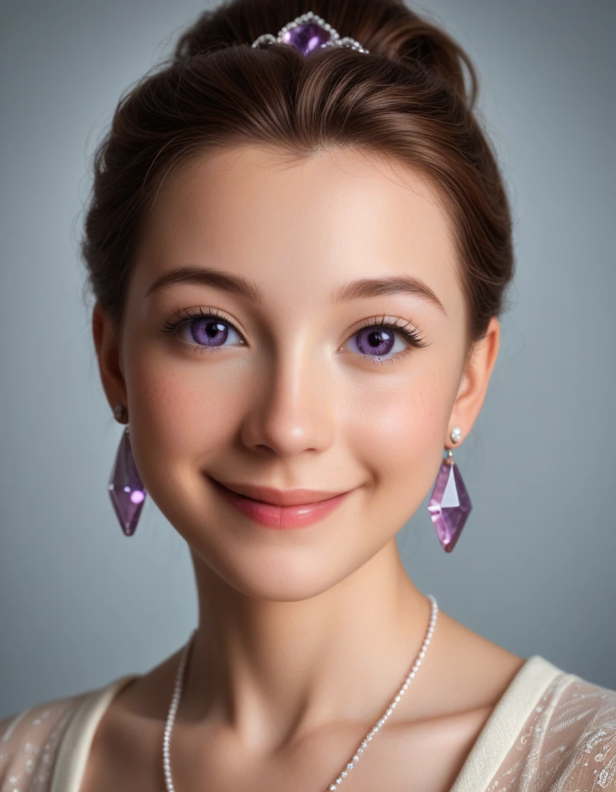 (masterpiece:1.2), (best quality:1.2), award winning photo, 8k, uhd, dslr, Photograph, professional essay, (full body shot:1.2), realistic beautiful detailed Disney Princess Belle or Elsa, all furry, unshaved, {Intricately detailed face, rosy cheeks with a touch of realism (((subtle hints of acne))), (microscopic skin details), (subtle skin pores:1.2), (light freckles:0.8), (translucent skin:1.1), small and refined chin, dainty lips wearing (((cool-toned pink lipstick:1.2))), (soft smile:1.1), (gentle smile:1.1), (shy smile:1.3), (harmonious color palette:1.2), (((luminous light-colored eyes, enhanced with a delicate soft beige eyeshadow:1.2))), (well-blended eyeshadow:1.1), (minimalist makeup:1.3), (natural makeup look:1.3), (looking at the viewer:1.2), (slight head tilt:0.8), (almond-shaped eyes:1.1), (natural eye size:1.2), (realistic eye proportions:1.3), (detailed irises:1.3), (realistic pupils:1.2), (subtle reflections in the eyes:1.1), (catchlights in the eyes:1.2), (visible iris:1.2), (sharp focus on the eyes:1.3), wearing exquisite, detailed Tiffany & Co.-style earrings, featuring intricate (platinum settings:1.2) with (pavé-set diamonds:1.3), (delicate pear-shaped sapphire drops:1.4), accented with small (amethyst gemstones:1.3), (intricate filigree detailing on the earrings:1.1), (subtle reflections on the gemstones:1.2), (light glinting off the earrings:1.1), delicate gemstone reflections, wearing detailed clothing, detailed fur, fine details, hyperrealistic, 3d render, soft shadows, rim lighting, backlighting, volumetric lighting, global illumination, vibrant colors, elegant, graceful pose, intricate details, photorealistic, sharp focus. The subject is (symmetrical face:1.2), (centered:1.2) positioned in front of a plain, gradient background, bokeh, shallow depth of field in a complementary, muted color like (soft lavender:1.3).