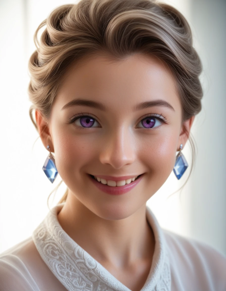 (masterpiece:1.2), (best quality:1.2), award winning photo, 8k, uhd, dslr, Photograph, professional essay, (full body shot:1.2), realistic beautiful detailed Disney Princess Belle or Elsa, all furry, unshaved, {Intricately detailed face, rosy cheeks with a touch of realism (((subtle hints of acne))), (microscopic skin details), (subtle skin pores:1.2), (light freckles:0.8), (translucent skin:1.1), small and refined chin, dainty lips wearing (((cool-toned pink lipstick:1.2))), (soft smile:1.1), (gentle smile:1.1), (shy smile:1.3), (harmonious color palette:1.2), (((luminous light-colored eyes, enhanced with a delicate soft beige eyeshadow:1.2))), (well-blended eyeshadow:1.1), (minimalist makeup:1.3), (natural makeup look:1.3), (looking at the viewer:1.2), (slight head tilt:0.8), (almond-shaped eyes:1.1), (natural eye size:1.2), (realistic eye proportions:1.3), (detailed irises:1.3), (realistic pupils:1.2), (subtle reflections in the eyes:1.1), (catchlights in the eyes:1.2), (visible iris:1.2), (sharp focus on the eyes:1.3), wearing exquisite, detailed Tiffany & Co.-style earrings, featuring intricate (platinum settings:1.2) with (pavé-set diamonds:1.3), (delicate pear-shaped sapphire drops:1.4), accented with small (amethyst gemstones:1.3), (intricate filigree detailing on the earrings:1.1), (subtle reflections on the gemstones:1.2), (light glinting off the earrings:1.1), delicate gemstone reflections, wearing detailed clothing, detailed fur, fine details, hyperrealistic, 3d render, soft shadows, rim lighting, backlighting, volumetric lighting, global illumination, vibrant colors, elegant, graceful pose, intricate details, photorealistic, sharp focus. The subject is (symmetrical face:1.2), (centered:1.2) positioned in front of a plain, gradient background, bokeh, shallow depth of field in a complementary, muted color like (soft lavender:1.3).