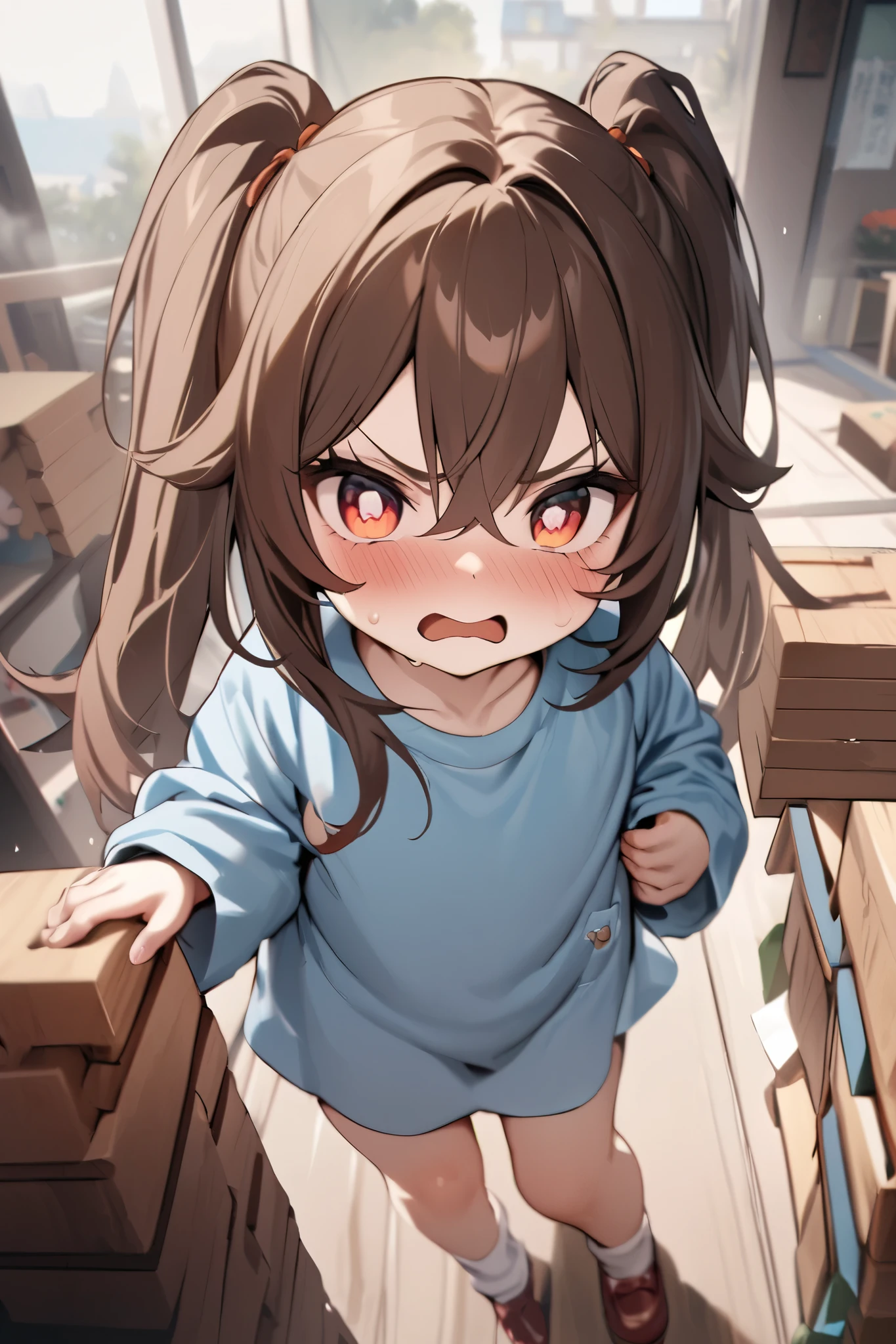 NSFW,masterpiece, top quality , high res, very detailed,Futao\(Genshin Impact\)、 long hair、bangs、Brown Hair、Red Eye、 hair between eyes、 twin tails、side lock、 symbol shaped pupil ,Kindergarten clothes,Smock,Angry face,blush, Kindergarten,Building blocks