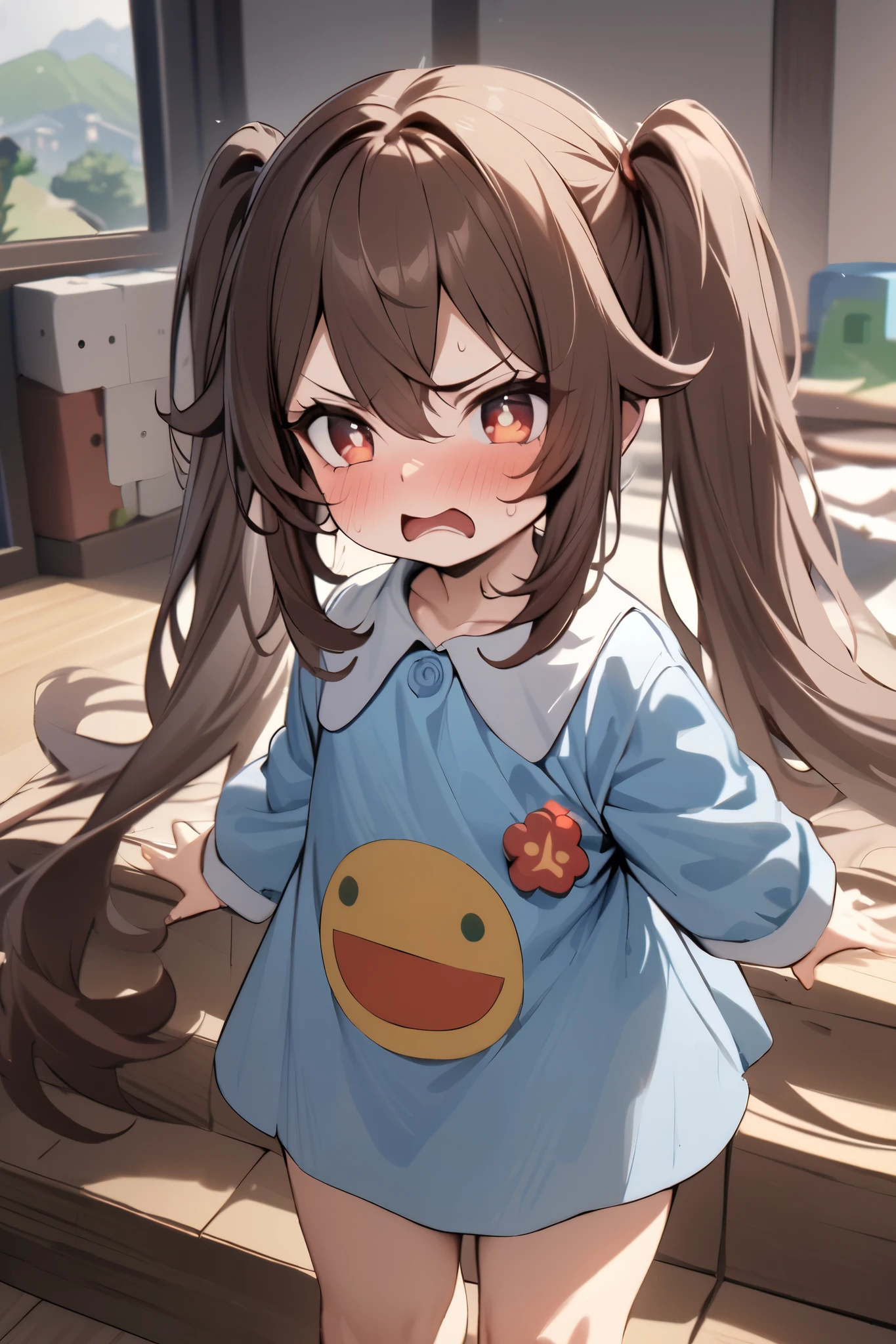NSFW,masterpiece, top quality , high res, very detailed,Futao\(Genshin Impact\)、 long hair、bangs、Brown Hair、Red Eye、 hair between eyes、 twin tails、side lock、 symbol shaped pupil ,Kindergarten clothes,Smock,Angry face,blush, Kindergarten,Building blocks