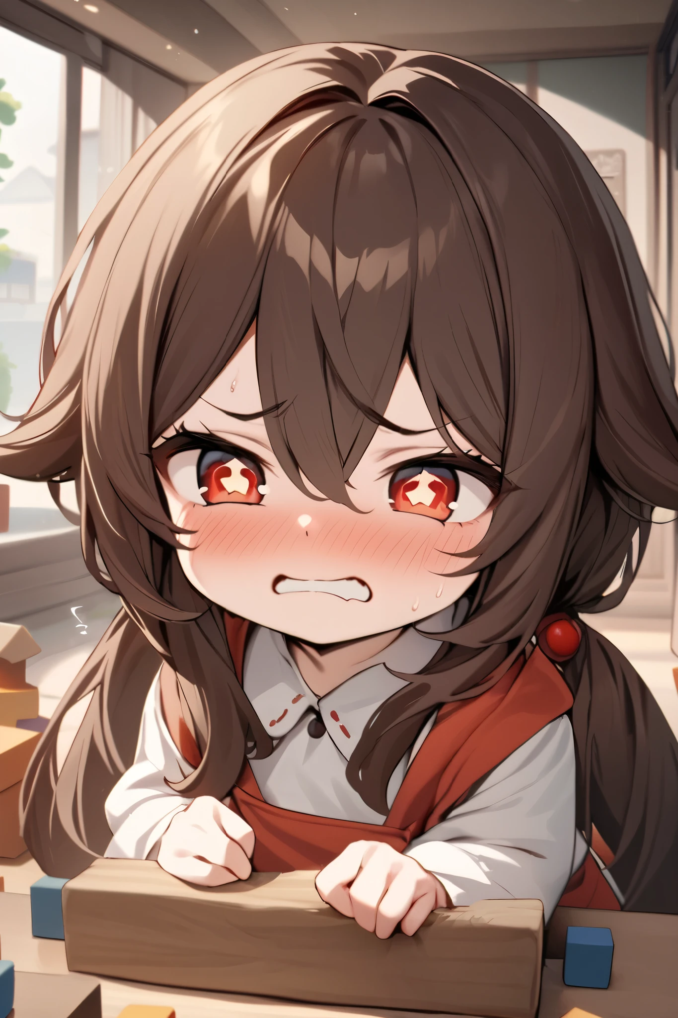 NSFW,masterpiece, top quality , high res, very detailed,Futao\(Genshin Impact\)、 long hair、bangs、Brown Hair、Red Eye、 hair between eyes、 twin tails、side lock、 symbol shaped pupil ,Kindergarten clothes,Smock,Angry face,blush, Kindergarten,Building blocks