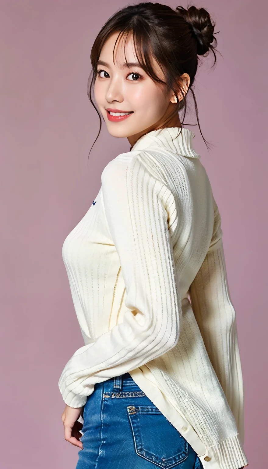 Top quality, 1 beautiful woman, Slim Body, Busty Breasts, half smile, linger, 35mm lens, f/1, cowboy shot , from_side , bun hair, wearing white Bell-sleeve-sweater skinny jeans, Elevate saturation for striking visuals, simple background