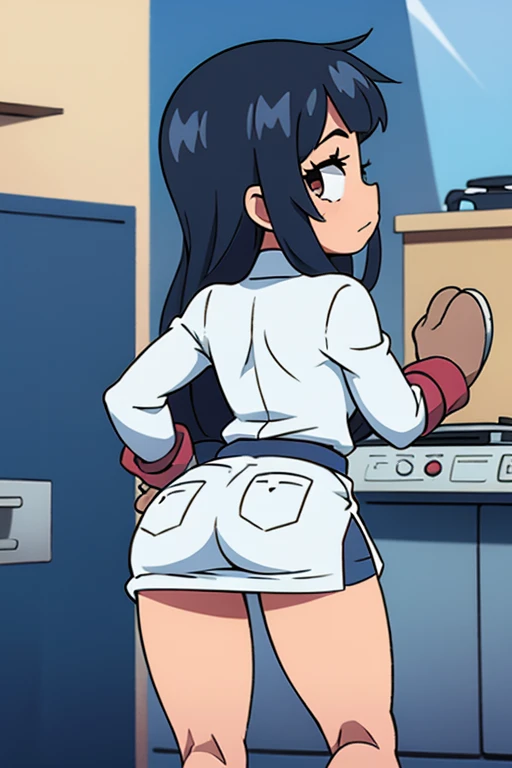 tennis girl in tight mini virgin killer sweater, rear butt anus, showing her anus, on her knees, wearing oven mittens tucked in pockets, blindfold