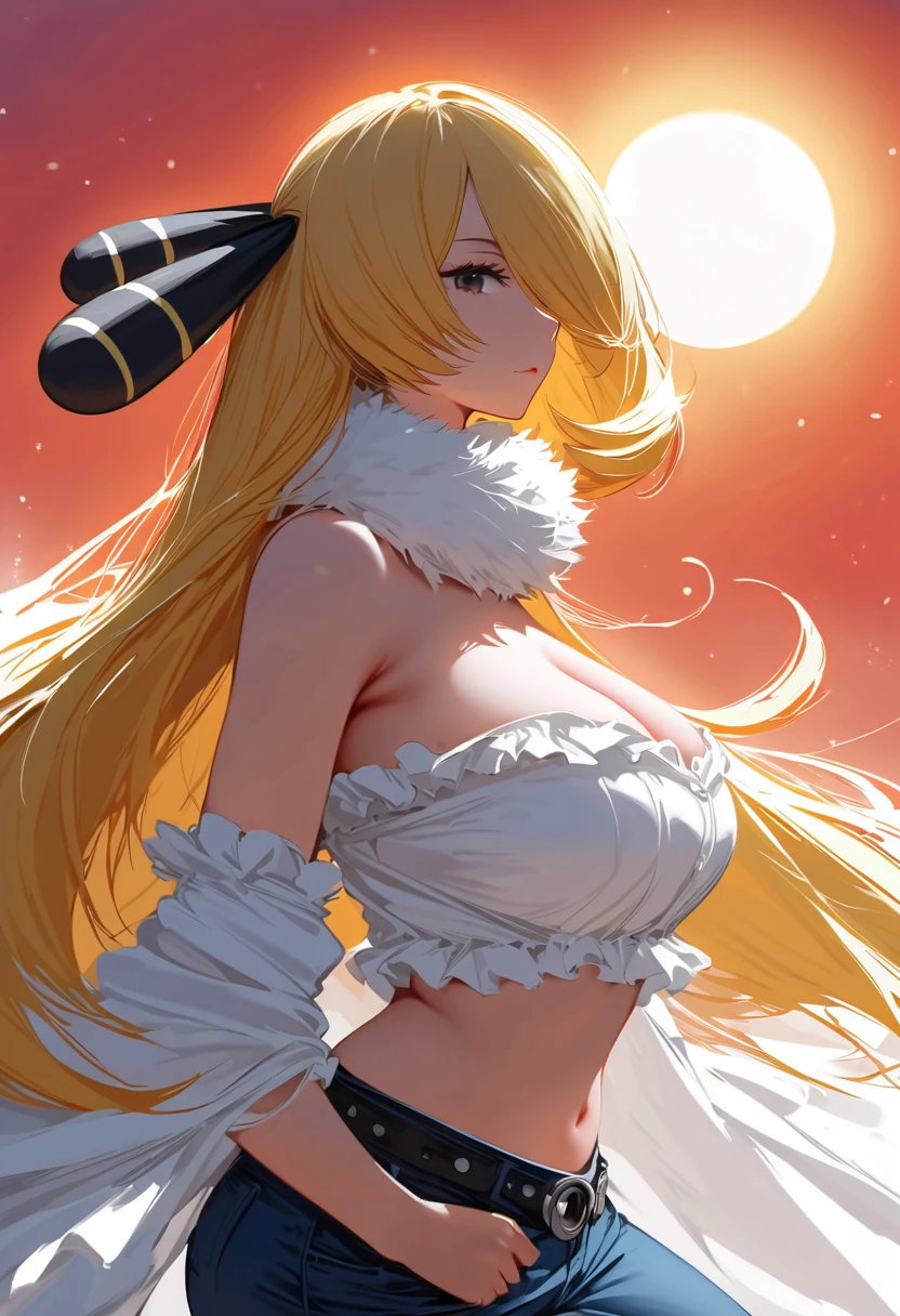 (masterpiece, best quality:1.2), 1 girl, alone, 1girl, cynthia_\(pokemon\), hair_over_one_eye, large_breasts, cleavage, navel, absurdres, fur_collar, oversized frilly white shirt, tight jeans, (from side: 1.5), sun, shadow, happy