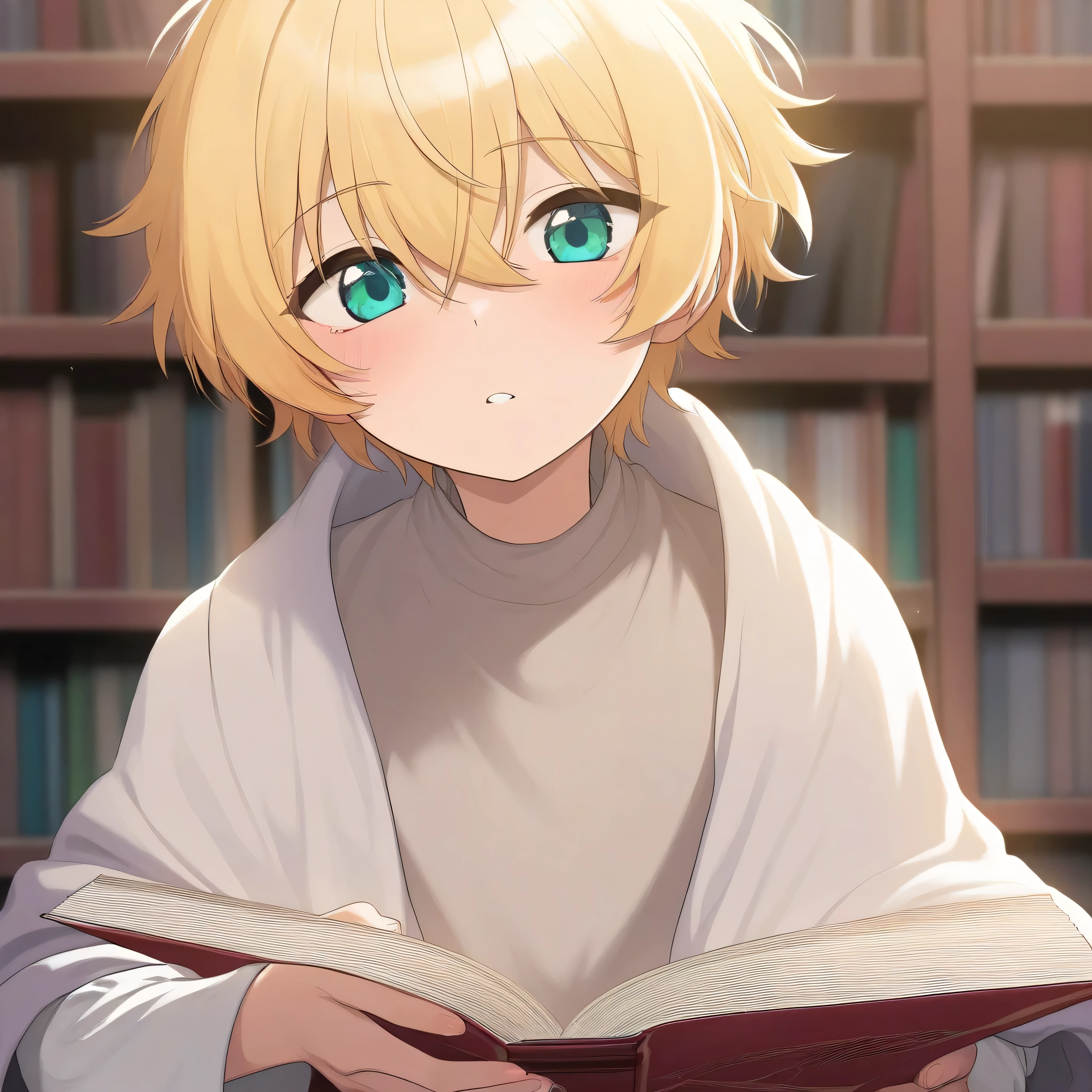 A sick blond boy in a library full of books is wearing a shawl and looking at the stars