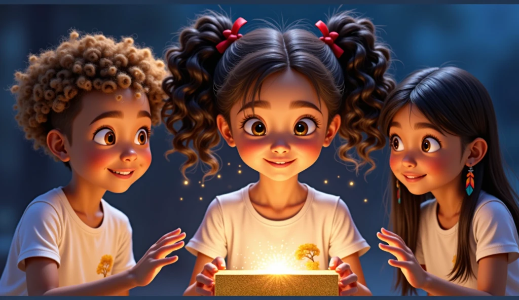 Style: Inspired by Disney-Pixar-style movies and promotional posters, zooming in on faces, focusing on vibrant emotions and magical details. The left side of the composition is intentionally left free to allow for the addition of text, while the characters are positioned from the center to the right of the frame. The perspective captures the characters leaning over the ground, focusing closely on their faces to emphasize their expressions.
Character Descriptions and Positions:
Character (Girl 1):
Description: A  girl, with fair skin and a tan tone, mixed-race features (black father and white mother).
Hair: Thick, curly, with lots of neat curls, tied in two ponytails with red ribbons.
Attire: Plain white t-shirt
Position: Positioned slightly to the right of center, she leans forward, holding a glowing magic box in her hands. Her expression is a mix of wonder and curiosity.
Left Character (Boy):
Description: A  boy, with tan skin and very light brown, curly hair, shaved on the side and lots of curls on top, neatly kept.
Attire: Plain white t-shirt.
Position: To the left of girl 1, leaning closer to the cash register with an open-mouthed expression of surprise and wonder.
Character on the right (indigenous girl):
Description: A  indigenous Brazilian girl with light tan skin and long, straight black hair.
Accessory: Large earrings with colorful feathers.
Attire: Plain white T-shirt.
Position: Slightly behind girl 1, leaning forward with a gentle, curious smile, her hand just above the cash register as if reaching out to feel its magic. Action:
Girl 1 holds the newly opened box that emits a special glow, the box appears in the image from the top half and in the center and the top half of an illustration of a golden tree, the other two characters also approach and the three concentrated from the center to the right corner of the image look at the box with an expression of happiness and that they are amazed by the glow that is emitted by this 