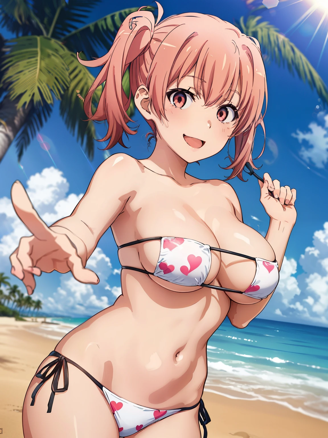 (( top quality ,  high res,   Perfect Pixel,  4K)),  (Beautiful anime),  depth of field 、
 Watching Viewers , 
 perfect body, 

 Yuigahama Yui, 　


(Big Breasts:1.1)、 cleavage、

 twin tails、Grabbing hair、


white bikini,  pink heart print 、 Side Tie Bikini Bottom、
Groin、

smile、

 viewers, 

 Beach 、 palm trees、wind、
summer、sunlight、