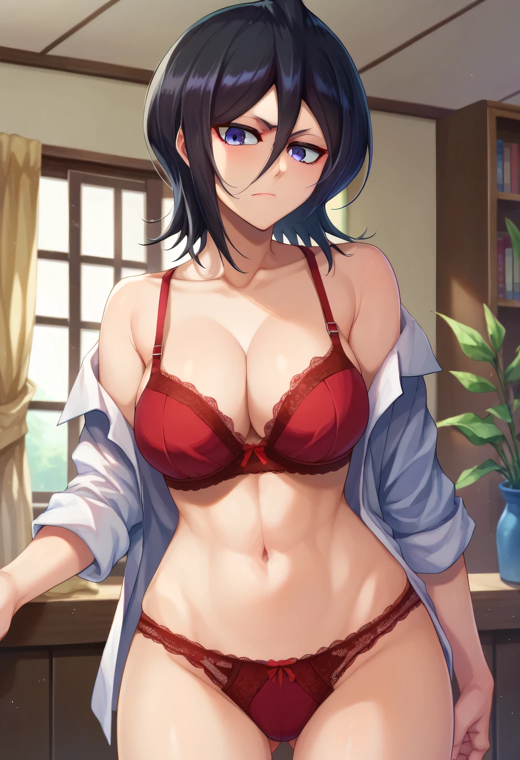 score_9, score_8_up, score_7_up, score_9, BREAK rukiaSDXL, 1girl, looking at viewer, short hair, shirt, black hair, navel, hair between eyes, medium breasts, closed mouth, purple eyes, indoors, kuchiki rukia, cleavage, CLEAVAGE, red lace bra, red lace panties, from behind, ass, cleavage, looking at viewer, behind, ass, showing her butt