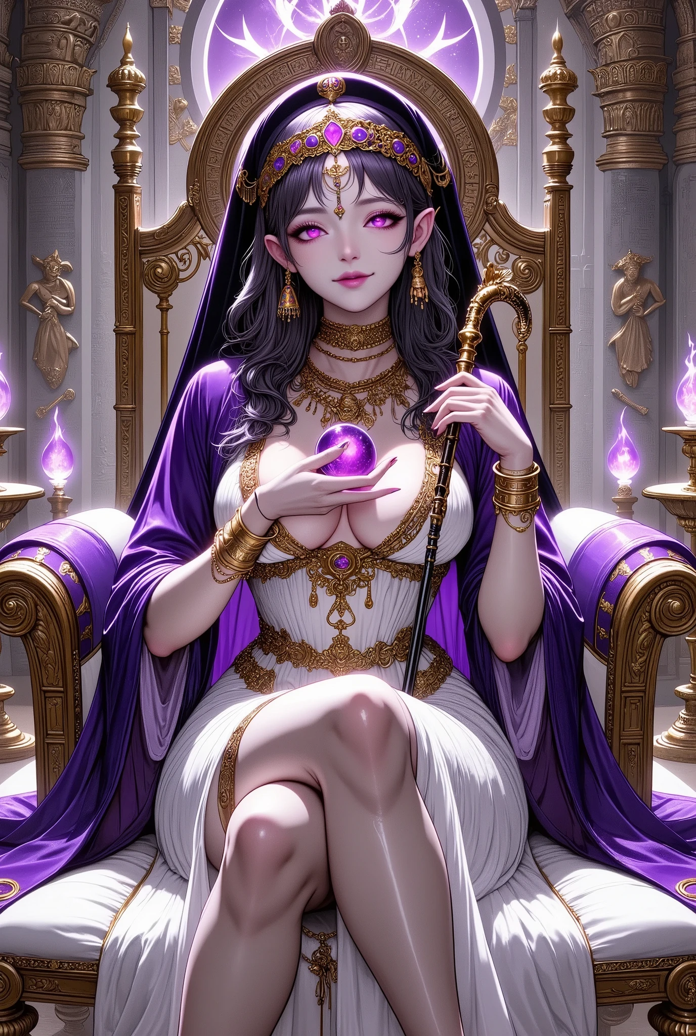 (Ultra-detailed face, Looking away, Fantasy Illustration with Gothic. Dark tone colors.), BREAK 
(The goddess of death and rebirth lies gracefully on a luxurious, bed-like sofa in the style of an Egyptian temple of Philae-like sanctuary, holding a tin cane with a cobra motif and gracefully supported by cushions. The sofa is made of acacia, decorated with gold and ivory, and has a high, ornate backrest. The back of the sofa and the railing are inscribed with divine symbols and hieroglyphics. The white stone wall behind the throne is carved with hieroglyphics and reliefs of Egyptian gods. A very sacred space.), BREAK 
(She has jet black hair and eyebrows, human ears, blunt bangs, waist-length wavy hair, lapis lazuli eyes, small pink lips, wheat-colored skin, and dark, thick eyeliner. She wears a face veil.), BREAK 
(She wears a headband with an iridescent cloisonne relief covering her forehead. She wears a wide charm necklace of woven iridescent beads. She wears a pure white cape dress of translucent linen. She wears pure white laced sandals on her bare feet. She wears antique beaded tassel earrings as accessories.)