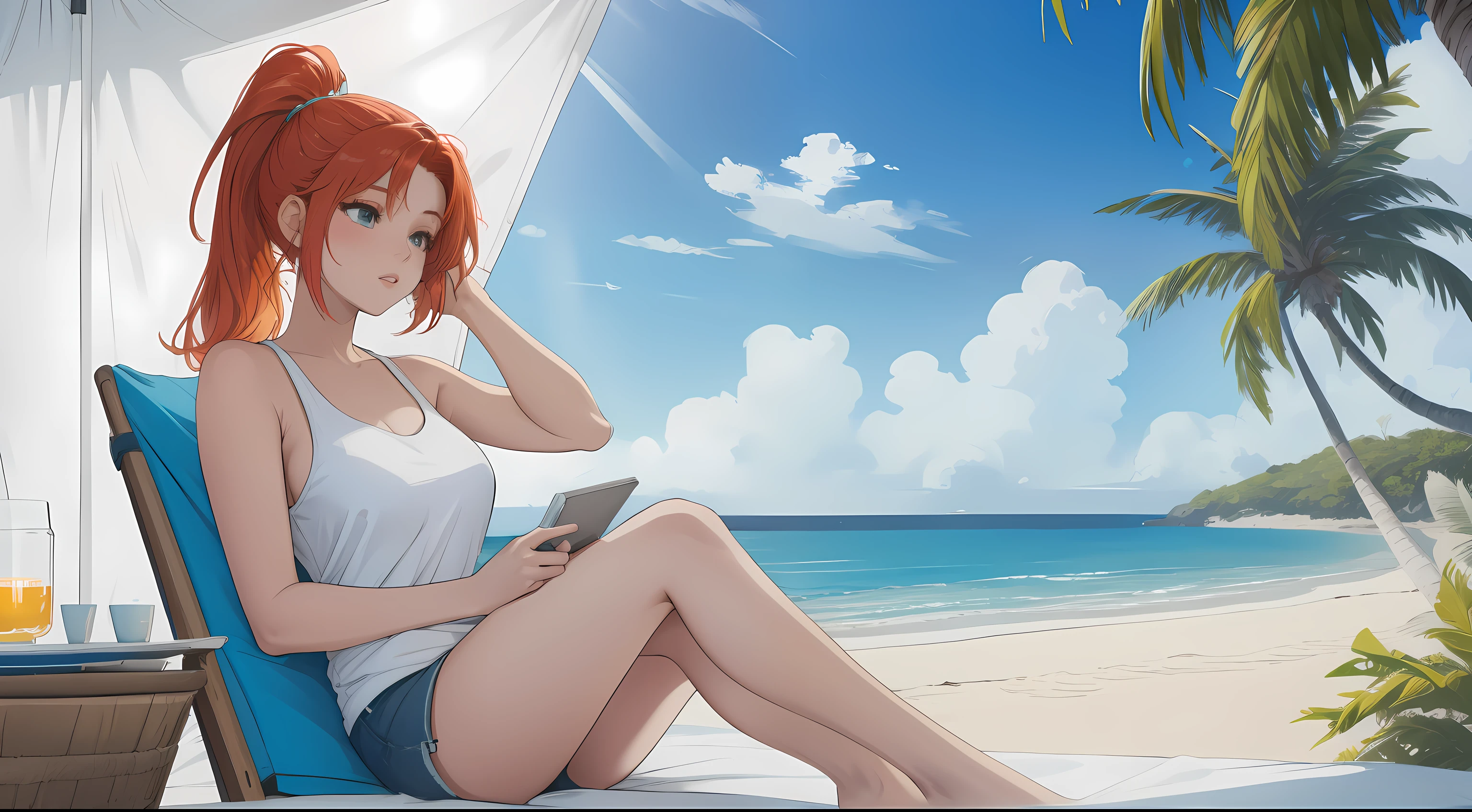 "Inside a cozy open tent on a pristine beach, a young woman sits cross-legged, gazing out at the vivid blue ocean stretching into the horizon. Her blonde-red hair is tied back in a sleek ponytail, and she’s dressed in a simple white tank top and denim shorts, embodying a relaxed and carefree beachside vibe. The soft white sand extends beyond the tent, meeting gentle waves that lap at the shore in a soothing rhythm. Around her, minimalist camping gear is neatly arranged, while the warm sunlight streams through the open tent flap, illuminating the tranquil scene. The atmosphere is serene and refreshing, with the calming sounds of the ocean and the salty breeze creating a perfect moment of solitude and connection with nature."
